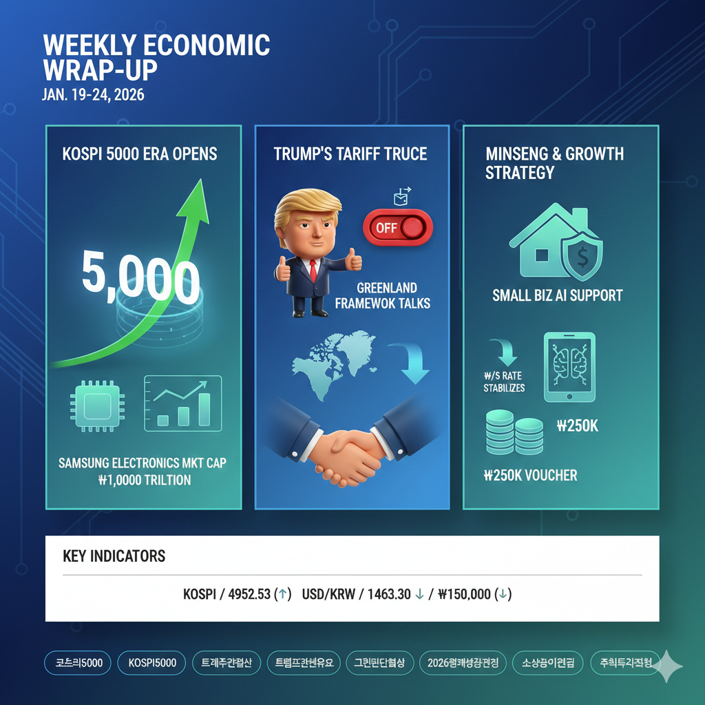 코스피5000, KOSPI5000 ,경제주간결산 ,트럼프관세유예 ,그린란드협상 ,삼성전자시총1000조 ,2026경제성장전략 ,소상공인지원금 ,환율안정 ,주식투자전략