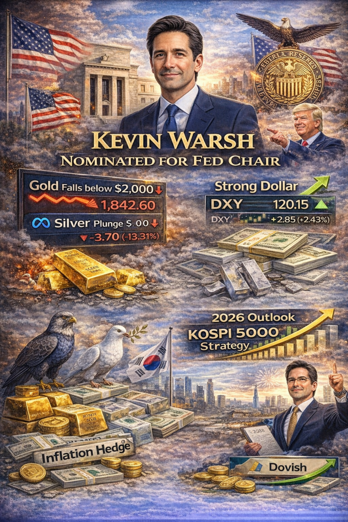 케빈워시 ,연준의장지명 ,금값폭락이유 ,은값폭락 ,달러강세전망 ,2026경제전망 ,코스피5000전략 ,트럼프연준 ,매파비둘기파 ,인플레이션헤지