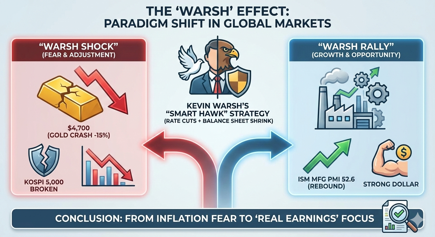 [글로벌 시황] 미국 제조업의 부활? ISM PMI 52.6 돌파와 케빈 워시가 가져온 ‘금값 15% 폭락’의 진실