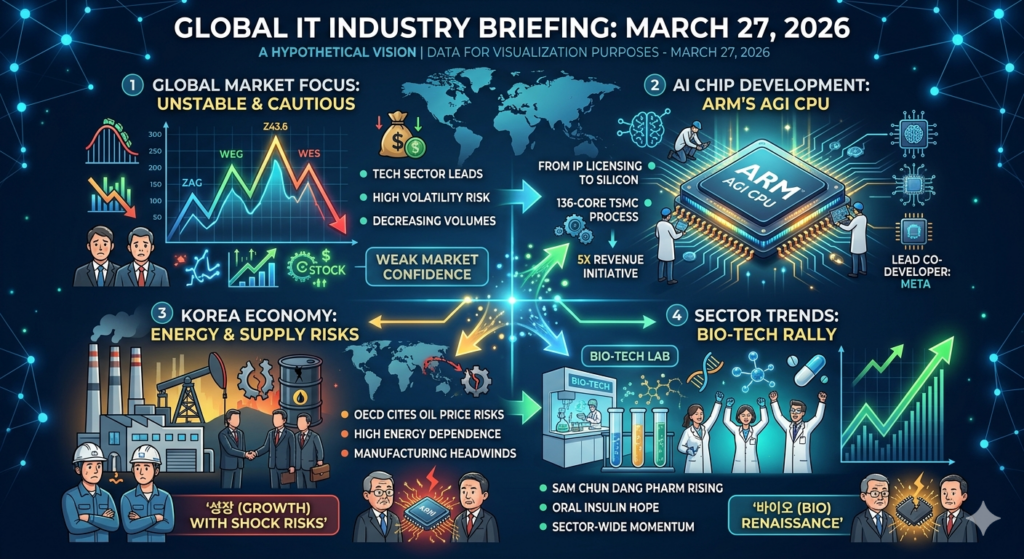 Visual Layout Suggestion (Structure)
[Header] 🌐 GLOBAL NAVIGATOR: Q1 2026 RECAP

[Left Column: Economy]

Icon: 🛢️ Oil Barrel

Data: Korea GDP 2.1% → 1.7%

Text: "High energy costs are tightening the grip on manufacturing-heavy nations."

[Right Column: Innovation]

Icon: 🤖 Chip/Brain

Data: Arm AGI CPU: 2x Performance vs x86

Text: "Agentic AI is no longer just software; it's driving custom silicon design."

[Footer: The Big Picture]

Quote: "Economic fundamentals remain solid, but external shocks are creating temporary volatility." — Ministry of Economy & Finance.