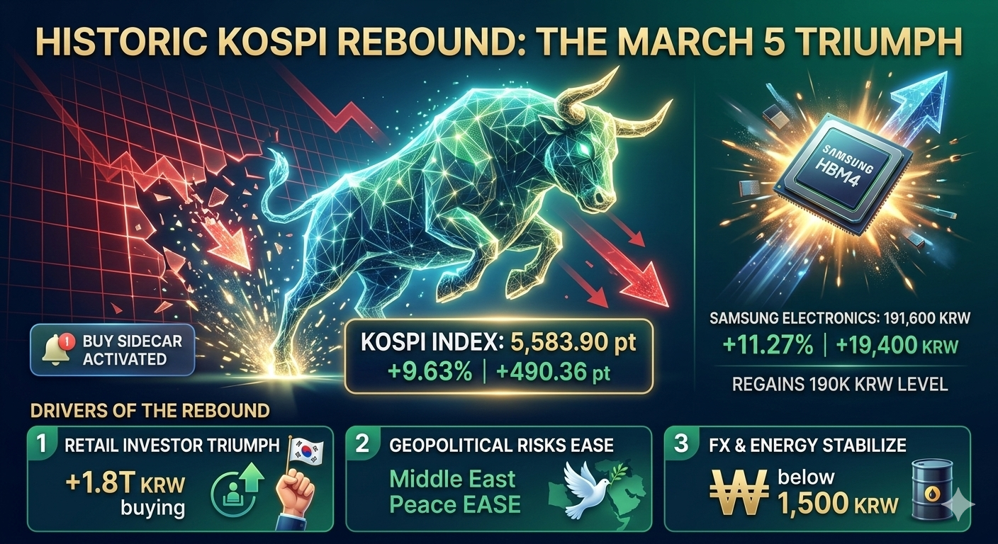 메인 타이틀: "HISTORIC KOSPI REBOUND: THE MARCH 5 TRIUMPH" (역사적인 코스피 반등: 3월 5일의 승리) 핵심 비주얼 (중앙): 거대한 '사이버 불(Cyber-Bull)'이 붉은색 하락 파동을 깨뜨리며 웅장하게 치솟습니다. KOSPI (왼쪽 하단): * 현재 지수: 5,583.90 pt 상승폭: +9.63% | +490.36 pt 📈 (역대 최대 포인트 상승) 알림: 'BUY SIDECAR ACTIVATED' 🔔 (매수 사이드카 발동) SAMSUNG ELECTRONICS (오른쪽 상단): 현재가: 191,600 KRW 상승폭: +11.27% | +19,400 KRW 💎 성취: 'REGAINS 190k KRW LEVEL' (19만 전자 탈환) 반등의 3가지 핵심 동력 (하단): RETAIL INVESTOR TRIUMPH: (개미의 승리) – +1.8T KRW BUYING (개인 1.8조 원 순매수). GEOPOLITICAL RISKS EASE: (지정학적 리스크 완화) – Middle East Risks Calm (중동 리스크 진정). FX & ENERGY STABILIZE: (환율 및 에너지 안정) – Below 1,500 KRW & $95 OIL (환율 1,500원 미만 & 유가 95달러).