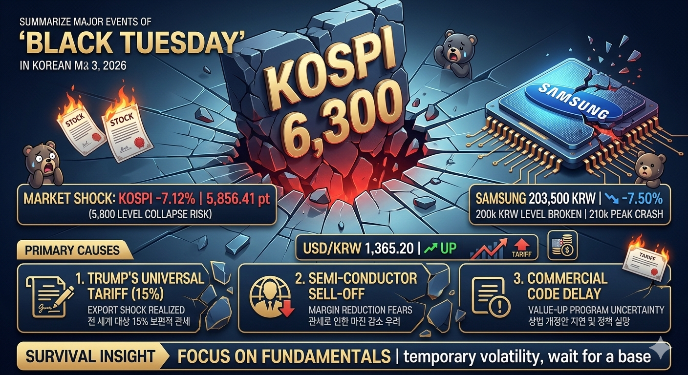 코스피폭락, 검은화요일, 7퍼센트하락, 삼성전자주가, 20만전자붕괴, 트럼프관세, 보편관세15퍼센트, 상법개정안지연, 주식시황, 2026경제위기, 재테크전략