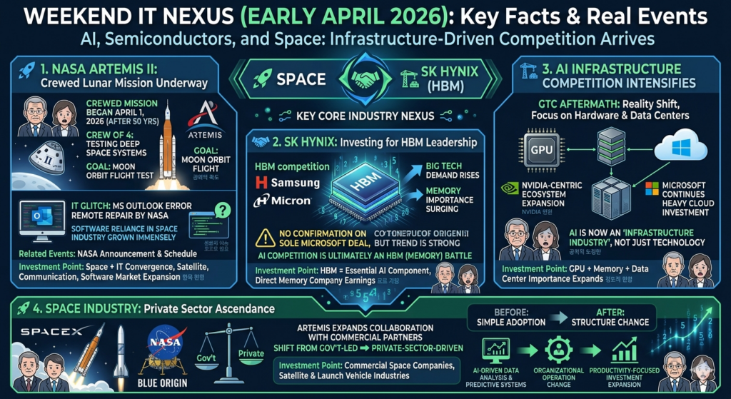 메타 제목: 2026년 4월 IT 뉴스 – 아르테미스 II, SK하이닉스 HBM, AI 인프라 경쟁

메타 설명: NASA 아르테미스 II 유인 임무, SK하이닉스 HBM 투자 확대, AI 인프라 경쟁까지 실제 기사 기반으로 핵심 IT 이슈를 정리했습니다.

추천 태그:
IT뉴스,아르테미스,나사,마이크로소프트,SK하이닉스,HBM,AI반도체,데이터센터,우주산업,테크이슈
