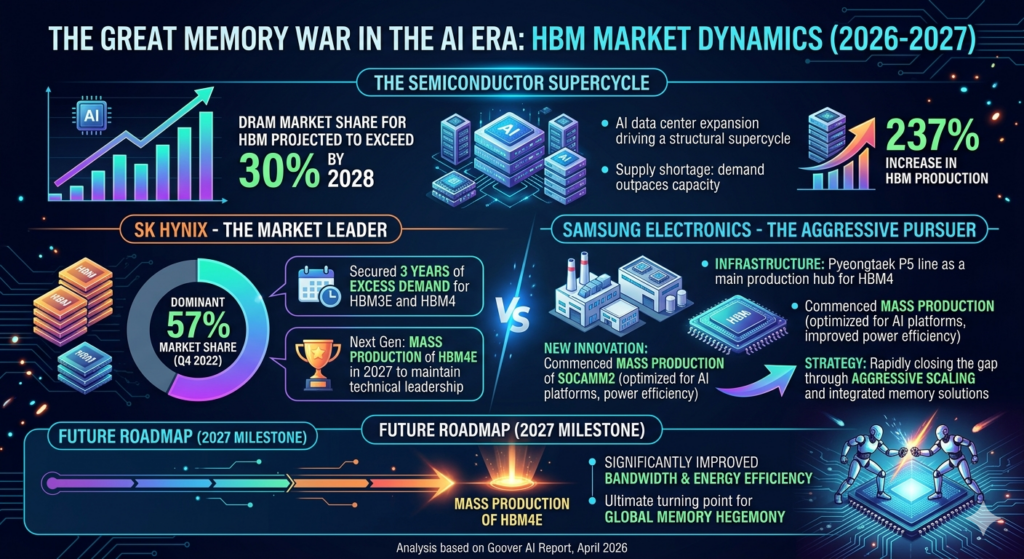 [Alt-Text: The HBM Memory War - SK hynix vs. Samsung Electronics]

Title: The Great Memory War in the AI Era: HBM Market Dynamics (2026-2027)

Section 1: The Semiconductor Supercycle
The market has entered a structural supercycle driven by AI data center expansion. DRAM market share for HBM is projected to exceed 30% by 2028. Key drivers include a 237% increase in HBM production and a supply shortage where demand outpaces capacity.

Section 2: SK hynix - The Market Leader

Market Share: Holds a dominant 57% of the HBM market (as of Q4 2022).

Order Status: Secured 3 years of excess demand for HBM3E and HBM4.

Next Gen: Mass production of HBM4E is scheduled for 2027 to maintain technical leadership.

Section 3: Samsung Electronics - The Aggressive Pursuer

Infrastructure: Utilizing the Pyeongtaek P5 line as a main production hub for HBM4.

New Innovation: Commenced mass production of SOCAMM2, optimized for new AI platforms with improved power efficiency.

Strategy: Rapidly closing the gap through aggressive scaling and integrated memory solutions.

Section 4: Future Roadmap (2027 Milestone)
2027 marks the mass production of HBM4E, characterized by significantly improved bandwidth and energy efficiency. This period will be the ultimate turning point for global memory hegemony.

Footer: Analysis based on Goover AI Report, April 2026.