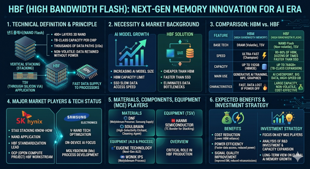 Title: HBF: The Next Generation AI Memory Revolution
Key Tech: 400+ Layers 3D NAND, TSV(Through Silicon Via), Non-volatile
Comparison: HBM (Speed King) vs. HBF (Capacity & Efficiency King)
Benefits: Cost Reduction, Power Efficiency, Elimination of Data Bottlenecks
Major Players: Samsung (V-NAND Leader), SK hynix (Standardization Pioneer)