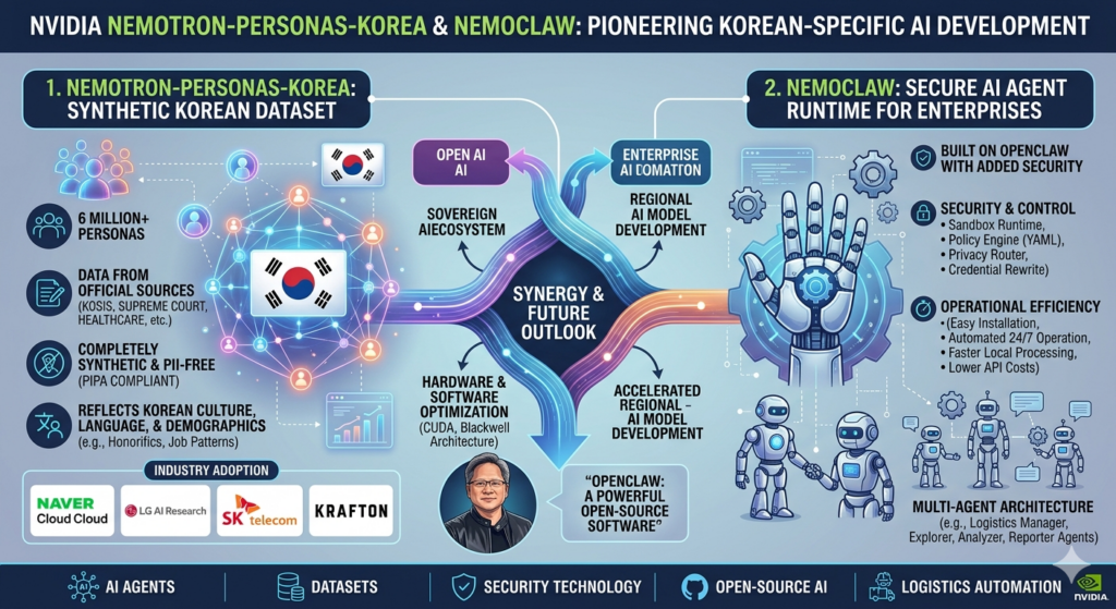 이 인포그래픽은 **'엔비디아 네모트론-페르소나-코리아 & 네모클로: 한국형 AI 개발의 선구적 지평'**이라는 제목 아래, 한국 특화 AI 생태계를 구성하는 두 축을 상세히 설명하고 있습니다.

1. 좌측 섹션: 네모트론-페르소나-코리아 (합성 한국어 데이터셋)
핵심 수치: 600만 개 이상의 가상 페르소나 포함.

데이터 출처: KOSIS(국가통계포털), 대법원, 건강보험공단 등 공식 출처 기반.

주요 특징:

개인정보(PII)가 없는 100% 합성 데이터로 한국의 개인정보보호법(PIPA) 준수.

한국 특유의 존댓말 체계, 지역별 직업 패턴 등 문화적·인구학적 맥락 반영.

도입 기업: NAVER Cloud, LG AI Research, SK telecom, KRAFTON 로고 명시.

2. 우측 섹션: 네모클로 (기업용 보안 AI 에이전트 런타임)
기술 기반: 오픈소스 'OpenClaw'를 기반으로 엔비디아의 보안 계층 추가.

보안 및 제어: 샌드박스 런타임, YAML 기반 정책 엔진, 프라이버시 라우터, 자격 증명 재작성 기능 설명.

운영 효율성: 쉬운 설치, 24/7 자동화 운영, 로컬 처리를 통한 속도 향상 및 API 비용 절감.

에이전트 구조: 물류 관리자, 분석가, 보고서 작성자 등 여러 역할을 가진 '멀티 에이전트'가 협업하는 로봇 그래픽 포함.

3. 중앙 및 하단: 시너지와 미래 전망
시너지 구조: 데이터셋(좌)과 실행 환경(우)이 중앙에서 결합되어 '소버린 AI(Sovereign AI) 생태계'와 '지역 특화 AI 모델 개발 가속화'로 이어지는 흐름도.

기술 최적화: CUDA 및 Blackwell 아키텍처 등 엔비디아 하드웨어/소프트웨어 스택과의 통합 강조.

젠슨 황 CEO 인용: "OpenClaw는 강력한 오픈소스 소프트웨어"라는 메시지와 함께 그의 일러스트레이션 포함.

4. 하단 바 (태그)
AI 에이전트, 데이터셋, 보안 기술, 오픈소스 AI, 물류 자동화 등의 핵심 키워드가 아이콘과 함께 나열됨.