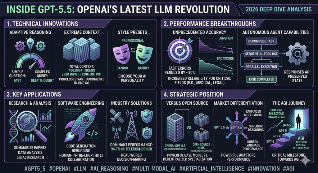 "GPT-5.5 내부: 오픈AI의 최신 LLM 혁명"이라는 제목 아래, 어두운 배경에 빛나는 파란색, 보라색, 초록색을 사용하여 현대적이고 기술적인 분위기를 연출합니다. 4개의 주요 섹션으로 나누어 GPT-5.5의 핵심 요소를 상세히 설명합니다.

1. 기술 혁신 (Technical Innovations)

적응형 추론 (Adaptive Reasoning): 톱니바퀴와 전구가 있는 뇌 아이콘과 함께 '단순한 질문: 빠름', '복잡한 쿼리: 깊은 사고'로 나뉜 다이얼을 통해 쿼리 복잡성에 따라 사고 시간을 조절하는 기능을 보여줍니다.

극한의 컨텍스트 (Extreme Context): 디지털 문서들이 높게 쌓인 아이콘과 함께 '총 컨텍스트: 400,000+ 토큰', '272K 입력 | 128K 출력', '(방대한 문서를 한 번에 처리)'라는 텍스트로 대용량 처리 능력을 강조합니다.

스타일 프리셋 (Style Presets): 전문적인 느낌의 넥타이 마스크, 솔직한 느낌의 말풍선 마스크, 개성 있는 느낌의 마법사 모자 마스크 아이콘을 통해 AI의 페르소나를 선택할 수 있음을 보여줍니다.

2. 성능 획기적 발전 (Performance Breakthroughs)

전례 없는 정확성 (Unprecedented Accuracy): 과녁 아이콘과 함께 'LongFact', 'FactScore' 그래프가 이전 모델 대비 개선된 성능을 보여주며, '사실 오류 약 80% 감소', '의료, 법률 등 중요 분야 신뢰성 향상'을 텍스트로 설명합니다.

자율 에이전트 능력 (Autonomous Agent Capabilities): '작업 분해 → 순차적 도구 사용 → 병렬 실행 → 작업 완료'로 이어지는 다단계 흐름도와 'Responses API 상태 유지'를 보여주는 톱니바퀴 아이콘을 통해 복잡한 작업을 자율적으로 수행하는 능력을 보여줍니다.

3. 주요 응용 사례 (Key Applications)

연구 및 분석 (Research & Analysis): DNA 이중 나선 구조와 그래프 위의 돋보기 아이콘을 통해 논문 요약, 데이터 분석, 법률 연구 분야의 활용성을 보여줍니다.

소프트웨어 엔지니어링 (Software Engineering): 코드(</>)로 만들어진 로켓 아이콘과 'GPT-5.5 (코드 생성) ↔ 인간 (검토 및 개선)'의 협업 다이어그램을 통해 코드 생성, 디버깅, 인간 참여형(HITL) 협업을 보여줍니다.

산업 솔루션 (Industry Solutions): 위성과 무선 타워 아이콘을 통해 'Telecom-Bench에서 96.7%의 압도적 성능', '실제 의사결정 지원'을 설명합니다.

4. 전략적 위치 (Strategic Position)

오픈소스와의 비교 (Versus Open Source): 대형 서버 랙 아이콘('기반 모델')과 여러 개의 작은 로컬 서버 아이콘('경량화, 로컬 모델')을 비교하며, 미세조정에 유리한 강력한 베이스 모델로서의 특징을 보여줍니다.

시장 차별화 (Market Differentiation): 'GPT-5.5' 허브에서 '강화된 멀티모달', '우수한 추론', '한국어 성능 강화'로 뻗어나가는 화살표를 통해 Gemini, Copilot 등 경쟁 모델과의 차별점을 강조합니다.

AGI 여정 (The AGI Journey): GPT-3, GPT-4, GPT-5를 거쳐 GPT-5.5로 이어지는 계단형 그래프가 'AGI (인공일반지능)'라고 적힌 빛나는 문으로 향하는 모습을 통해 인공일반지능으로 나아가는 중요한 이정표임을 보여줍니다.

하단 태그: #GPT5_5 #OpenAI #LLM #AI_Reasoning #Multi-modal_AI #Artificial_Intelligence #Innovation #AGI