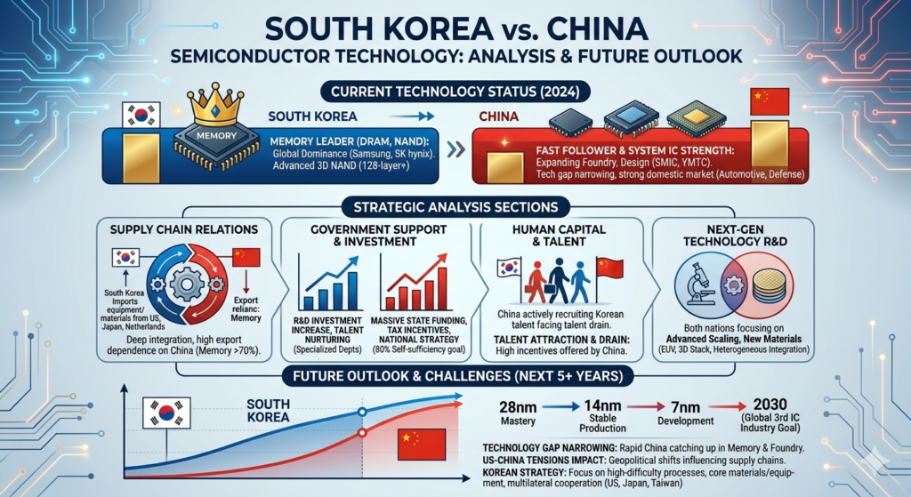 한국과 중국의 반도체 기술 비교 및 향후 전망을 다룬 인포그래픽 이미지. 상단에는 'South Korea vs China'라는 제목과 함께 한국의 메모리 반도체 리더십(DRAM, NAND)과 중국의 빠른 추격(파운드리, 시스템 반도체 성장)을 비교하고 있음. 중간 섹션에서는 양국 간의 공급망 의존도, 정부의 투자 및 인재 유치 경쟁, 차세대 R&D(EUV, 3D 적층) 전략을 도표로 설명함. 하단 그래프는 향후 5년 내 기술 격차가 줄어들 것임을 시사하며, 2030년까지 중국의 7nm 공정 개발 및 반도체 자급률 80% 목표를 명시함.