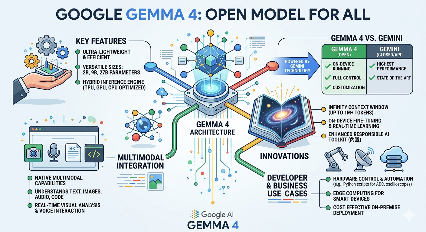 KEY FEATURES: 이전 세대보다 더욱 가볍고 효율적인 설계, 2B, 9B, 27B 등 다양한 모델 크기, 그리고 TPU, GPU, CPU 등 모든 하드웨어에서 최적의 성능을 내는 하이브리드 엔진 기술을 강조했습니다.
MULTIMODAL INTEGRATION: 텍스트뿐만 아니라 이미지, 오디오, 코드까지 기본적으로 이해하고 처리하는 Native Multimodal 기능과, 실시간 시각 분석 및 음성 대화 구현이 가능해진 점을 보여줍니다.
INNOVATIONS: 1M(100만) 토큰 이상의 Infinity Context Window, 기기 자체에서 실시간으로 학습하고 미세 조정하는 기능, 그리고 한층 강화된 Responsible AI Toolkit을 소개합니다.
DEVELOPER & BUSINESS USE CASES: 하드웨어 제어 및 자동화(Python 스크립트 활용), 에지 컴퓨팅, 비용 효율적인 자체 인프라 구축 등 실제 비즈니스에 활용할 수 있는 방안들을 시각화했습니다.
GEMMA 4 VS. GEMINI: 구글의 플래그십 모델인 제미나이와 어떻게 다른지, 온디바이스 구동과 완전한 제어권이라는 Gemma 4만의 장점을 명확히 비교했습니다.