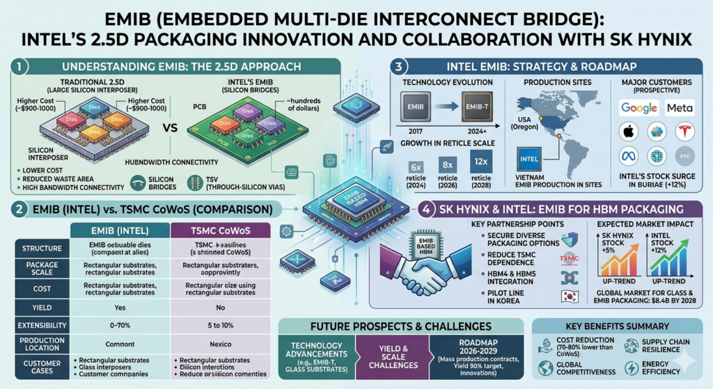 본 인포그래픽은 인텔의 'Embedded Multi-Die Interconnect Bridge (EMIB)' 기술에 대한 내용을 담고 있습니다.

첫 번째 섹션은 EMIB 기술의 개요를 다루고 있으며, 그림과 함께 EMIB의 작동 원리와 장점을 설명합니다. EMIB는 칩을 연결하는 다이와 다이 사이에 작고 유연한 '브릿지'를 추가하여 칩의 면적을 최적화하고, 생산 비용을 절감하는 기술입니다.

두 번째 섹션은 EMIB와 TSMC의 CoWoS 기술을 비교하는 표를 보여줍니다. 표는 비용, 수율, 확장성 등 다양한 측면에서 EMIB의 우위성을 강조합니다.

세 번째 섹션은 EMIB 기술의 향후 개발 로드맵을 제시합니다. 인텔은 EMIB 기술을 지속적으로 발전시켜 칩의 연결 속도를 더욱 높이고, 생산성을 개선할 계획입니다.

마지막 섹션은 SK 하이닉스와 인텔의 EMIB 기반 HBM 패키징 협력 내용을 다루고 있습니다. SK 하이닉스는 인텔의 EMIB 기술을 활용하여 HBM의 용량과 성능을 높일 계획이며, 이는 AI 기술 발전에 기여할 것으로 기대됩니다.

이 인포그래픽은 EMIB 기술의 중요성과 향후 발전 가능성을 효과적으로 전달하고 있습니다.