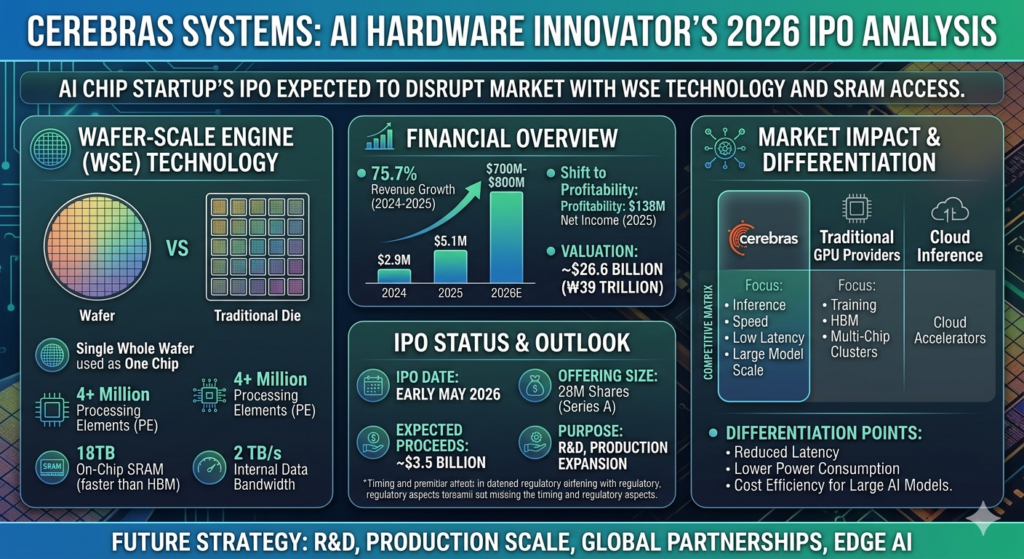 셀레브라스(Cerebras) Systems: AI Hardware Innovator’s 2026 IPO Analysis’라는 제목의 인포그래픽. AI 칩 스타트업의 2026년 IPO 전망과 기술, 재무, 시장 영향 등을 요약한다. 왼쪽에는 웨이퍼 스케일 엔진(WSE) 기술을 설명하며, 단일 웨이퍼를 하나의 칩으로 사용해 약 400만 개의 처리 요소와 18TB 온칩 SRAM, 초당 2TB의 데이터 대역폭을 제공한다고 강조한다. 중앙에는 재무 개요가 있어 2024~2026년 매출 성장(약 75.7%)과 2025년 순이익 1억 3,800만 달러, 기업가치 약 266억 달러를 제시한다. 하단에는 IPO 일정(2026년 5월 초), 공모 규모(2,800만 주), 예상 조달 금액(약 35억 달러), 자금 사용 목적(R&D 및 생산 확대)이 표시된다. 오른쪽에는 시장 영향과 차별화 요소를 비교하며, 기존 GPU 업체 및 클라우드 인프라 대비 낮은 지연 시간, 낮은 전력 소비, 대형 AI 모델에 대한 비용 효율성을 강조한다. 전체적으로 미래 전략으로 연구개발, 생산 확장, 글로벌 파트너십, 엣지 AI를 제시한다.”