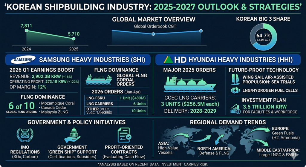 이 인포그래픽은 2025년부터 2027년까지의 한국 조선 산업 흐름과 주요 기업인 삼성중공업(SHI) 및 HD현대중공업(HHI)의 수주 현황, 정부 정책 및 글로벌 수요 트렌드를 시각화하여 보여줍니다.

1. 글로벌 시장 개관 (Global Market Overview)
전 세계 선박 발주량: 2024년 7,811만 CGT에서 2025년 5,710만 CGT로 약 27% 감소할 것으로 전망되는 꺾은선 그래프가 상단에 배치되어 있습니다.

한국 조선 3사 점유율: 전체 시장의 64.7%(163만 CGT)를 차지하고 있음을 나타내는 원형 차트가 포함되어 있습니다.

2. 삼성중공업 (Samsung Heavy Industries)
2026년 1분기 실적: 매출 2조 9,023억 원(16% 증가), 영업이익 2,731억 원(122% 증가), 영업이익률 12%를 기록했습니다.

FLNG 독점력: 전 세계 FLNG 발주 10기 중 6기를 수주했으며, 주요 프로젝트로 모잠비크 Coral, 캐나다 Cedar, 말레이시아 ZLNG 등이 명시되어 있습니다.

2026년 상반기(1~4월) 수주: LNG-FSRU 1척(4.8억 달러), LNG 운반선 6척, 기타 선종 10척을 포함해 총 17척의 수주 현황이 표기되어 있습니다.

3. HD현대중공업 (HD Hyundai Heavy Industries)
2025년 주요 수주: CCEC로부터 척당 2억 5,650만 달러 규모의 LNG 운반선 3척을 수주했으며, 인도는 2028~2029년 예정입니다.

미래 기술 및 투자: 친환경 선박을 위한 '윙 세일(Wing Sail)' 풍력 보조 추진 장치 해상 실증과 LNG/수소 연료전지 기술 개발 내용이 포함되어 있습니다.

투자 계획: 설비 및 인력 확충을 위해 3.5조 원 규모의 신규 투자 계획을 나타냅니다.

4. 정부 정책 및 규제 (Government & Policy Initiatives)
IMO 규제: 황산화물(SOx) 및 탄소 배출 규제 강화 내용을 다룹니다.

정부 지원: '그린 선박' 인증 및 보조금 지원을 통한 기술 개발 독려를 설명합니다.

수익 중심 계약: 현금 흐름 평가를 통한 내실 중심의 수주 전략을 강조합니다.

5. 지역별 수요 트렌드 (Regional Demand Trends)
세계 지도 위에 화살표와 텍스트로 지역별 특화 수요를 표시합니다.

아시아: 고부가가치 선박 중심.

북미: 방산 및 FLNG 프로젝트.

유럽: 수소, 암모니아 등 친환경 연료선.

중동/아프리카: 대형 LNG 운반선(LNGC) 및 FSRU.

이미지 하단 주석: 최근 데이터를 기반으로 한 분석이며, 투자는 리스크를 동반할 수 있음을 명시하고 있습니다.