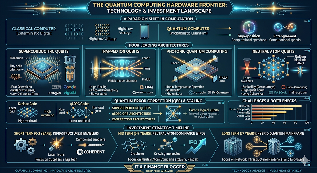 제목: 양자 컴퓨팅 하드웨어의 최전선: 기술 및 투자 환경 (The Quantum Computing Hardware Frontier: Technology & Investment Landscape)
이 인포그래픽은 클래식 컴퓨터와 양자 컴퓨터의 패러다임 전환, 4대 하드웨어 아키텍처 비교, 오류 수정 기술, 그리고 타임라인별 투자 전략을 시각적으로 정리한 종합 전문 분석 자료입니다. 전체적으로 신뢰감을 주는 다크 블루와 테일(Teal) 색상 배경에 네온 블루, 화이트, 골드 빛의 데이터 스트림과 회로 일러스트가 결합된 미래지향적 디지털 테크 스타일로 디자인되었습니다.
1. 상단: 연산 패러다임의 전환 (A Paradigm Shift in Computation)
클래식 컴퓨터 (Classical Computer): 결정론적 디지털 시스템(Deterministic Digital)으로 설명됩니다. 0과 1로 이루어진 이진법 코드 데이터와 스마트폰 아이콘을 통해 '높은 전압/낮은 전압(High/Low Voltage)'에 의해 고정된 값이 제어됨을 보여줍니다.
양자 컴퓨터 (Quantum Computer): 확률론적 양자 시스템(Probabilistic Quantum)으로 설명됩니다. 0과 1이 동시에 빛나며 겹쳐 있는 구체 형태의 '중첩(Superposition)' 아이콘과, 두 개의 구체가 빛의 선으로 강하게 묶여 있는 '얽힘(Entanglement)' 아이콘이 제시되어 있으며, 이를 통해 기하급수적인 연산 속도 향상(Computational speedups)을 이뤄냄을 시각화했습니다.
2. 중단: 4대 핵심 아키텍처 비교 (Four Leading Architectures)
네 개의 독립된 세로 열을 통해 현재 시장을 주도하는 하드웨어 구조를 직관적으로 비교합니다.
초전도 큐비트 (Superconducting Qubits): 정밀한 미세 회로가 새겨진 사각형 반도체 칩(Transmon)과 원통형 원자로 형태의 IBM식 대형 희석 냉동기(Dilution Refrigerator)가 그려져 있습니다. 특징으로 '빠른 연산 속도(Fast Operations)', '버스 기반 확장성(Scalability)', '짧은 결맞춤 시간(Low Coherence Time)'이 적혀 있으며 주도 기업으로 IBM, Google, Rigetti의 로고가 명시되어 있습니다.
이온 트랩 큐비트 (Trapped Ion Qubits): 투명한 초고진공 챔버 내부에서 전자기장 가이드를 따라 일렬로 공중에 떠서 빛나고 있는 원자 알갱이들(Ions)과 이를 조준하는 정밀 레이저 빔이 묘사되어 있습니다. 특징으로 '높은 신뢰도(High Fidelity)', '전체 연결성(All-to-All Connectivity)', '상대적으로 느린 게이트 속도(Slower Gates)'가 적혀 있으며 주도 기업으로 IonQ, Quantinuum의 로고가 있습니다.
광학 양자 컴퓨터 (Photonic Quantum Computing): 실리콘 포토닉스 칩 위에서 거울과 분광기를 통과하며 격자 형태로 교차하고 반사되는 오렌지빛 레이저 광선(Photon)의 경로가 그려져 있습니다. 특징으로 '상온 작동(Room Temperature Operation)', '스케일업 잠재력(Scalability)', '광자 소실 위험(Photon Loss)'이 적혀 있으며 주도 기업으로 Xanadu, PsiQuantum의 로고가 있습니다.
중성원자 큐비트 (Neutral Atom Qubits): 수많은 파란색 레이저 초점(광집게, Laser Tweezers)들이 격자판 모양의 3차원 공간을 형성하고 그 교차점마다 중성 원자들이 촘촘하게 박혀 있는 모습이 그려져 있습니다. 특정 원자가 거대하게 부풀어 올라 주변 원자들과 강한 에너지 장을 형성하는 '리드베리 차단 효과(Rydberg Blockade Effect)'가 시각화되어 있습니다. 특징으로 '고밀도 배열 확장성(Scalability)', '대량의 큐비트 집적(High Qubit Count)', '긴 결맞춤 시간(Long Coherence)'이 적혀 있으며 핵심 기업으로 QuEra Computing, Pasqal, Infleqtion의 로고가 부각되어 있습니다.
3. 중하단: 양자 오류 수정(QEC) 및 엔지니어링 장벽 (Quantum Error Correction & Bottlenecks)
오류 수정 코드 비교: 물리적 회로가 바둑판처럼 고정되어 인접한 큐비트끼리만 연결되는 2D 구조의 '표면 코드(Surface Code - High overhead)'와 원자/빛을 자유롭게 이동시켜 멀리 떨어진 큐비트를 묶는 효율적인 'qLDPC 코드(qLDPC Codes - Lower overhead)'의 네트워크 토폴로지 그래픽이 대조되어 있습니다. qLDPC 코드가 훨씬 적은 물리 자원으로 논리 큐비트(Path to logical qubits)로 가는 지름길임을 보여줍니다.
엔지니어링 장벽 차트 (Challenges & Bottlenecks): 각 기술 진영이 해결해야 할 하드웨어적 한계(Crosstalk, Laser Complexity, Atom Loss 등)가 가로 바 차트 형태로 시각화되어 기술의 난이도를 직관적으로 보여줍니다.
4. 하단: 자본시장 투자 전략 타임라인 (Investment Strategy Timeline)
단기 관점 (0~3년) - 인프라 및 부품 선점 (Infrastructure & Enablers): 톱니바퀴와 정밀 레이저 다이오드 부품 일러스트가 그려져 있습니다. 장비를 직접 만드는 곳보다 고해상도 레이저, 고진공 챔버를 독점 공급하는 글로벌 상장 대기업 '코히런트(Coherent)' 등 부품 공급망(Component suppliers)과 빅테크 클라우드 생태계에 집중하라는 지침이 제시되어 있습니다.
중기 관점 (3~7년) - 중성원자 지배력 및 IPO (Neutral Atom Dominance & IPOs): 분자 구조가 복잡하게 결합하고 확장되는 모습과 우상향하는 'IPO' 화살표가 그려져 있습니다. 오류 수정 기술의 혁신으로 고품질 논리 큐비트 양산에 성공할 중성원자 핵심 기업(QuEra, Pasqal 등)의 상장 타임라인에 맞춰 장기 펀더멘털 투자를 진행하라는 메시지가 담겨 있습니다.
장기 관점 (7년 이후) - 하이브리드 양자 메인프레임 (Hybrid Quantum Mainframe): 대형 데이터 센터 내에 여러 대의 서버 랙들이 허브 성형 네트워크(Star Network) 구조로 촘촘하게 상호 연결되어 있는 일러스트가 그려져 있습니다. 단일 기술을 넘어 광학(Photonics) 네트워크 인터커넥트 인프라를 중심으로 초전도, 중성원자 등이 결합하는 분산형 분산 컴퓨팅 인프라와 이를 실제 산업에 도입할 엔드유저 대기업에 주목하라는 전략이 명시되어 있습니다.
5. 하단 푸터 (Footer)
중앙에 'IT & FINANCE BLOGGER - DEEP TECH ANALYSIS'라는 전문 블로거의 브랜딩 엠블럼 뱃지가 위치해 있으며, 최하단에는 QUANTUM COMPUTING, HARDWARE ARCHITECTURES, TECHNOLOGY ANALYSIS, INVESTMENT STRATEGY라는 핵심 키워드 태그가 정돈되어 배치의 완성도를 높이고 있습니다.