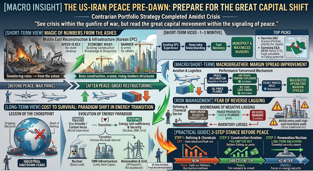 제목: [MACRO INSIGHT] THE US-IRAN PEACE PRE-DAWN: PREPARE FOR THE GREAT CAPITAL SHIFT
(매크로 인사이트: 미·이란 종전 전야, 거대한 자본 이동을 준비하라)

전체 구조 및 디자인:
본 인포그래픽은 미·이란 종전 시나리오에 따른 거시경제적 변화와 포트폴리오 전략을 담은 복합형 차트입니다. 상단에는 거대한 자본 이동을 암호화하는 핵심 문구와 타이틀이 배치되어 있으며, 본문은 크게 네 개의 핵심 섹션(단기 관점, 매크로/단기 관점, 중장기 관점, 리스크 관리 및 실전 가이드)으로 분할되어 좌측에서 우측, 상단에서 하단으로 유기적인 화살표와 일러스트를 통해 흐름을 보여줍니다.

상단 (Header)
메인 타이틀: "[MACRO INSIGHT] THE US-IRAN PEACE PRE-DAWN: PREPARE FOR THE GREAT CAPITAL SHIFT"

서브 타이틀: "Contrarian Portfolio Strategy Completed Amidst Crisis" (위기 속에서 완성되는 역발상 포트폴리오 전략)

인용구: "See crisis within the gunfire of war, but read the great capital movement within the signaling of peace." (전쟁의 포화 속에서 위기를 보되, 종전의 신호탄 속에서 거대한 자본의 이동을 읽어야 한다.)

1. 좌측 상단 및 상단: [SHORT-TERM VIEW] 단기 관점
타이틀: MAGIC OF NUMBERS FROM THE ASHES (잿더미에서 피어나는 숫자의 마법)

주제: Middle East Reconstruction & Infrastructure (중동 재건 및 인프라 - 한국 EPC 수혜)

시각 자료 및 흐름:

왼쪽에는 전쟁으로 파괴되어 불타는 산업 시설과 잿더미("Smoldering ruins → from the ashes")가 그려져 있고, 오른쪽으로 향하는 초록색 상승 화살표를 따라 크레인과 빌딩이 분주하게 건설되는 현대적인 도시 전경("Busy construction, cranes, rising modern structures")으로 전환됩니다.

수주 메커니즘 (Short-Term Vicus - 1~3 Months):

Existing EPC Experience (기존 EPC 경험) → Deep Infra Understanding (깊은 인프라 이해도) → Fast Recovery (신속한 복구) → [MONOPOLY & MAXIMIZED MARGINS] (수주 독점 및 마진 극대화) 순으로 사각형 박스 흐름도가 연결되어 있습니다.

추천 종목 (Top Picks):

Hyundai E&C: 아람코 파트너로 복구 사업 최우선 순위.

Samsung E&A: MENA 비중 51%로 거대한 가치 재평가 잠재력 보유. (중동 지역 리스크 완화를 나타내는 미니 지도 포함)

2. 우측 상단: [MACRO/SHORT-TERM] 매크로 및 단기 관점
타이틀: MACROBREATHER: MARGIN SPREAD IMPROVEMENT (매크로의 숨통: 마진 스프레드 개선)

주제: Aviation & Logistics (항공 및 물류 섹터 실적 턴어라운드 메커니즘)

인과관계 다이어그램:

PEACE DECLARATION (종전 선언 / 지정학적 리스크 해소) → AIR TRAVEL DEMAND EXPLOSION (해외여행 수요 폭발 - Q 증가)

OIL PRICE PLUNGE (유가 폭락) → JET FUEL COST CRASH (항공유 비용 폭락 - C 감소)

이 두 가지 흐름이 합쳐져 TICKET PRICES HELD (항공권 가격 유지 - P 유지)로 연결되며, 최종적으로 [MAXIMIZED OPERATING MARGIN SPREAD] (영업이익률 스프레드 극대화)라는 초록색 보석 모양 박스로 수렴합니다. 하늘을 비행하는 여객기 일러스트가 동반되어 있습니다.

3. 좌측 하단: [LONG-TERM VIEW] 중장기 관점
타이틀: COST TO SURVIVAL: PARADIGM SHIFT IN ENERGY TRANSITION (비용에서 생존으로: 에너지 대전환의 패러다임 시프트)

시각 자료: 호르무즈 해협(Strait of Hormuz)이 붉은색 'X' 표시로 봉쇄되어 유조선들이 막혀 있고 공장이 멈추는 지구본 일러스트("INDUSTRIAL SHUTDOWN FEARS")가 그려져 있습니다. 공급망 초크포인트가 남긴 교훈을 상징합니다.

에너지 패러다임의 진화 (Evolution of Energy Paradigm):

[PAST] Eco-friendly / Carbon focus (Moral Imperative) - 과거: 친환경/탄소 감축 중심 (도덕적 명분)

▼ (호르무즈 봉쇄 학습을 통한 전환)

[FUTURE] Energy Self-sufficiency & Security (Nuclear, SMR, Grid) - 미래: 에너지 자급화 및 안보 (원전, SMR, 전력망)

하단 인프라 아이콘: 대형 원전(Nuclear - 기저부하), 소형 모듈 원자로(SMR Infrastructure - 장기 자본 유입), 풍력 및 태양광 전력망(Renewables & Grid - 정책적 가속화)이 차례로 픽토그램으로 묘사되어 있습니다.

4. 우측 하단: [RISK MANAGEMENT] 리스크 관리
타이틀: FEAR OF REVERSE LAGGING (역래깅의 공포)

주제: Refining & Chemical Sector (정유 및 화학 섹터의 부메랑 효과)

프로세스 흐름:

WAR CRUDE: Bought at HIGHEST price (전쟁 중 가장 비쌀 때 산 원유 입고) → PEACE PRODUCTS: Sold at PLUNGED price (종전으로 폭락한 가격에 제품 판매) → REVERSE MARGINS (Losses) (역마진 및 손실 발생)

이로 인해 INVENTORY LOSSES (재고평가손실) 화살표가 대형 유류 저장탱크(X 표시)와 우하향하는 붉은색 꺾은선그래프(가격 하락 추세)로 연결됩니다.

경고 문구: 정유 공장 일러스트와 함께 경고판 마크가 있으며, "AVOID entry until high-cost inventory used (floor confirmation)" (고가 재고 소진 및 바닥 확인 전까지 진입 금지)라고 명시되어 있습니다.

5. 맨 우측 하단: [PRACTICAL GUIDE] 실전 가이드 및 타임라인
타이틀: 3-STEP STANCE BEFORE PEACE (종전 직전 3단계 스탠스) 및 30년 차 애널리스트의 최종 추천

3단계 액션 플랜:

STEP 1: Refining & Chemicals [EXIT] - 정유·화학 고평가/피크아웃 시 비중 축소 및 현금화.

STEP 2: Construction/Aviation [PRE-EMPTIVE BUY] - 건설·플랜트·항공주 공포 속 분할 매수(밑바닥 낚시).

STEP 3: Renewables/Nuclear [LONG-TERM ANCHORING] - 재생에너지·원전 안보 자산으로 장기 투자의 닻 내리기.

타임라인 화살표 (오른쪽 방향 흐름):

NOW (현재: 패닉) 정유주 매도, 건설/항공주 매수하여 실탄 장전. (불길과 하향 그래프 일러스트)

DIRECTLY AFTER (종전 직후: 평화) 대중에게 물량을 넘기며 유연한 차익 실현. (초록색 성장 그래프와 달러 이클립스)

H2 AFTER (종전 이후 하반기: 안정) 에너지 안보 섹터(SMR, 전력망)에 장기 투자 집중. (우상향 화살표)