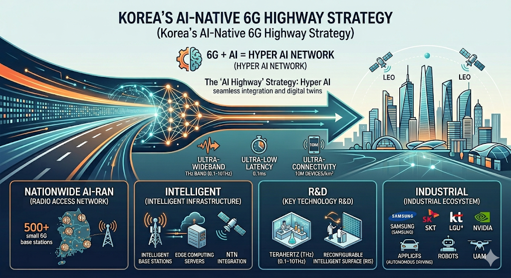 [인포그래픽 대체 텍스트: 대한민국 AI-Native 6G 고속도로 전략]
1. 메인 타이틀 및 개요

중앙 타이틀: 대한민국 AI-Native 6G 고속도로 전략 (Korea's AI-Native 6G Highway Strategy)

핵심 공식: 6G + AI = Hyper AI 네트워크 (Hyper AI Network)

배경 이미지: 왼쪽에서 오른쪽으로 뻗어 나가는 거대한 빛의 화살표가 데이터 고속도로를 형상화하며, 미래 지향적인 스마트 시티와 연결됨.

2. 6G 핵심 기술 지표 (중앙 화살표 하단)

초광대역 (Ultra-Wideband): 테라헤르츠(THz) 대역 활용

초저지연 (Ultra-Low Latency): 0.1ms 지연 시간 달성

초연결 (Ultra-Connectivity): 1㎢당 1,000만 기기 연결 가능

3. 하단 4대 핵심 전략 영역

영역 1: AI-RAN 전국망 (Nationwide AI-RAN)

내용: 2030년까지 전국 산업 및 서비스 거점에 500개 이상의 지능형 기지국(Small 6G Base Stations) 구축 목표

시각 요소: 대한민국 지도 위에 기지국 포인트가 활성화된 그래픽.

영역 2: 지능형 인프라 (Intelligent Infrastructure)

내용: 지능형 기지국, 엣지 컴퓨팅 서버, 그리고 저궤도 위성을 통합한 비지상 네트워크(NTN Integration) 구축

시각 요소: 기지국, 서버 타워, 인공위성 아이콘.

영역 3: 핵심 기술 R&D (Key Technology R&D)

내용: 0.1~10THz 대역의 '테라헤르츠(THz)' 원천 기술과 전파 거울 역할을 하는 '지능형 반사 표면(RIS)' 연구 개발

시각 요소: 연구실에서 실험 중인 연구원과 THz 파형 그래픽.

영역 4: 산업 생태계 (Industrial Ecosystem)

참여 주요 기업: 삼성전자(Samsung), SKT, KT, LGU+, 엔비디아(NVIDIA) 등 글로벌 파트너십 강조

핵심 응용 분야: 완전 자율주행(Autonomous Driving), 지능형 로봇(Robots), 도심 항공 모빌리티(UAM)

시각 요소: 자율주행차, 협동 로봇, 드론 형태의 UAM 기체 아이콘.

4. 하단 주석

대한민국이 설계하는 다음 시대의 인프라로서, AI 추론 엔진과 테라비트급 무선 통신의 결합을 상징함.