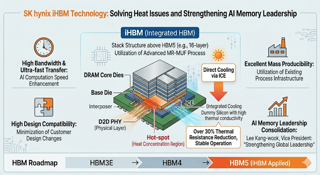 [인포그래픽 상세 설명]본 이미지는 SK하이닉스의 차세대 iHBM(Integrated HBM) 기술의 구조적 혁신과 발열 해결 메커니즘, 그리고 향후 로드맵을 설명하는 영문 인포그래픽입니다.메인 타이틀: SK hynix iHBM Technology: Solving Heat Issues and Strengthening AI Memory Leadership좌측 핵심 특징:High Bandwidth & Ultra-fast Transfer: AI 연산 속도 향상을 위한 고대역폭 및 초고속 전송 특징을 시계 아이콘으로 시각화.High Design Compatibility: 고객사의 설계 변경을 최소화하는 높은 설계 호환성을 퍼즐 조각 아이콘으로 표현.중앙 아키텍처 다이어그램 (iHBM 구조):HBM5 이상의 16단 고적층 구조(Stack Structure above HBM5)를 나타내며, 기존의 Advanced MR-MUF 공정을 활용함을 명시.3D 칩 구조도에는 최하단에 Interposer와 D2D PHY(물리 계층)가 위치하고, 그 위에 Base Die, 그리고 최상단에 DRAM Core Dies가 적층된 구조가 묘사됨.Base Die 내부의 D2D PHY 영역에서 발생하는 'Hot-spot(열 집중 영역)' 바로 옆에 ICE(Integrated Cooling Elements) 소자가 다이어렉트로 결합되어 있음.Direct Cooling via ICE: ICE 소자가 태양 아이콘으로 표현된 고열을 직접 흡수하여 우회 배출하는 메커니즘을 붉은색 화살표로 시각화.ICE의 상세 정의: 높은 열전도율을 가진 더미 실리콘(Integrated Cooling Dummy Silicon with high thermal conductivity)으로 명시.정량적 효과: 이 구조를 통해 열저항이 30% 이상 감소(Over 30% Thermal Resistance Reduction)하여 안정적인 작동(Stable Operation)이 가능함.우측 핵심 특징 및 정성적 효과:Excellent Mass Producibility: 기존의 공정 인프라를 그대로 활용(Utilization of Existing Process Infrastructure)하여 우수한 양산성을 확보함을 공장 아이콘으로 표현.AI Memory Leadership Consolidation: SK하이닉스 이강욱 부사장의 "글로벌 리더십 강화(Strengthening Global Leadership)" 코멘트와 상승하는 그래프 아이콘을 통해 AI 메모리 시장 주도권 공고화를 강조.하단 HBM 로드맵 타임라인:HBM3E $\rightarrow$ HBM4 $\rightarrow$ HBM5 (iHBM Applied) 순으로 발전하는 로드맵을 보여주며, HBM5 단계부터 iHBM 기술이 본격 적용됨을 주황색 화살표로 강조함.