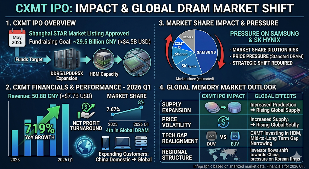 CXMT IPO: IMPACT & GLOBAL DRAM MARKET SHIFT(CXMT 상장 영향 및 글로벌 D램 시장 변화) 제하의 인포그래픽 이미지입니다. 내용은 총 4개의 구획으로 나뉘어 있습니다.
1. CXMT IPO 개요 (CXMT IPO OVERVIEW): 2026년 5월 상하이 증권거래소 커촹반 상장 승인 및 약 295억 위안(약 45억 달러)의 자금 조달 목표를 보여줍니다. 조달된 자금이 DDR5/LPDDR5X 생산 라인 확장 및 HBM 캐파 구축으로 흘러 들어가는 흐름도가 시각화되어 있습니다.
2. CXMT 재무 및 성과 - 2026년 1분기 (CXMT FINANCIALS & PERFORMANCE - 2026 Q1): 전년 동기 대비 719% 급증한 508억 위안(약 77억 달러)의 매출 실적을 막대그래프로, 흑자 전환 성과를 아이콘으로 표시했습니다. 글로벌 D램 시장 점유율은 2025년 7.67%에서 2026년 1분기 8%로 상승하여 세계 4위를 기록했다는 선그래프가 포함되어 있으며, 고객 기반이 중국 내수에서 글로벌로 확장 중임을 명시하고 있습니다.
3. 시장 점유율 영향 및 압박 (MARKET SHARE IMPACT & PRESSURE): 삼성전자, SK하이닉스, 마이크론, CXMT(8%), 기타 업체로 구성된 글로벌 D램 시장 점유율 예상치 원그래프입니다. 붉은색 화살표가 삼성과 SK하이닉스를 향하며 점유율 희석 위험, 범용 D램 가격 압박, 전략적 선회 필요성이라는 리스크 요인을 지적합니다.
4. 글로벌 메모리 시장 전망 (GLOBAL MEMORY MARKET OUTLOOK): 표 형태로 글로벌 파급 효과를 요약했습니다.
공급 확대: 생산량 증가 및 글로벌 공급 상승.
가격 변동성: 공급 증가에 따른 글로벌 시장 가격 변동.
기술 격차 재편: 'DUV 대 EUV' 장비 비교 아이콘과 함께, CXMT의 HBM 투자로 중장기적 기술 격차가 축소될 수 있음을 경고.
지역적 구조: 세계 지도 아이콘과 함께 투자 자본의 중국 유입 및 한국 기업들이 직면한 투자 압박을 시각화.
