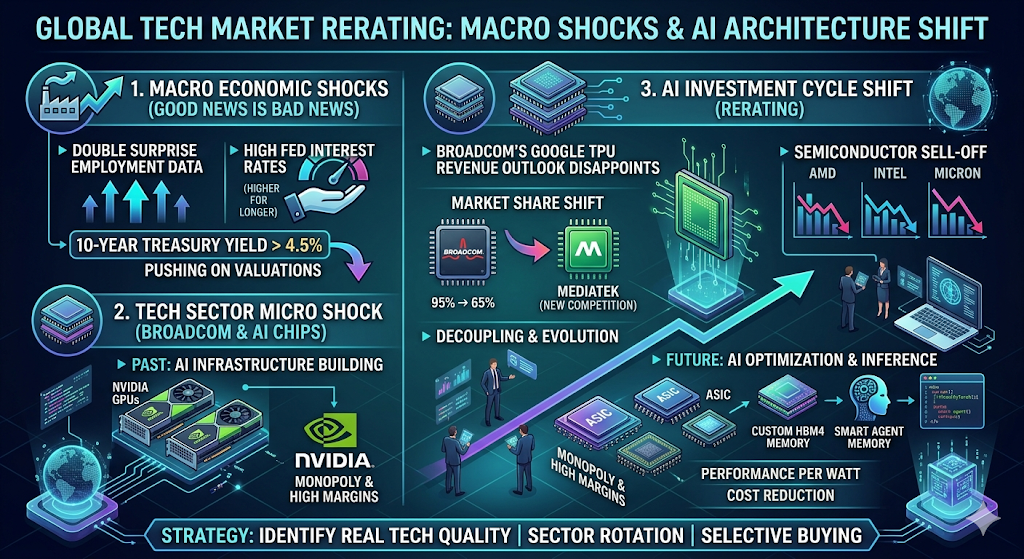 미국 매크로 고용 쇼크 분석 
포괄적인 설명: 'GLOBAL TECH MARKET RERATING: MACRO SHOCKS & AI ARCHITECTURE SHIFT'라는 제목을 가진 어두운 테마의 하이테크 디지털 인포그래픽. 3개의 주요 섹션으로 나누어져 매크로 경제 shock, AI 칩 쇼크, 그리고 AI 투자 사이클의 변화를 분석하고 하단에 투자 전략을 제시함.

섹션 1: MACRO ECONOMIC SHOCKS (거시경제 쇼크)

공장 아이콘과 상승 화살표.

'DOUBLE SURPRISE EMPLOYMENT DATA' (이중 서프라이즈 고용 데이터)와 상승 화살표.

'HIGH FED INTEREST RATES (HIGHER FOR LONGER)' (연준의 고금리 - 장기 유지)와 게이지를 쥔 손 아이콘.

'10-YEAR TREASURY YIELD > 4.5% PUSHING ON VALUATIONS' (10년물 국채 금리 4.5% 초과가 밸류에이션을 압박) 항목이 강조됨.

섹션 2: TECH SECTOR MICRO SHOCK (테크 섹터 쇼크)

마이크로칩 아이콘.

'BROADCOM'S GOOGLE TPU REVENUE OUTLOOK DISAPPOINTS' (브로드컴의 구글 TPU 매출 전망 실망).

'MARKET SHARE SHIFT' (시장 점유율 변화): 브로드컴 칩 아이콘(95% -> 65%로 감소)에서 미디어텍 칩 아이콘(신규 경쟁)으로 향하는 화살표.

'SEMICONDUCTOR SELL-OFF' (반도체 투매): AMD, 인텔, 마이크론의 주가 폭락 차트.

섹션 3: AI INVESTMENT CYCLE SHIFT (AI 투자 사이클의 변화)

지구본 아이콘.

'DECOUPLING & EVOLUTION' (동조화 탈피와 진화).

'PAST: AI INFRASTRUCTURE BUILDING' (과거: AI 인프라 구축): 엔비디아 GPU 아이콘, 엔비디아 로고, 'MONOPOLY & HIGH MARGINS' (독점과 고마진).

대각선 화살표가 가리키는 'FUTURE: AI OPTIMIZATION & INFERENCE' (미래: AI 최적화와 추론): ASIC 칩, 'CUSTOM HBM4 MEMORY' (맞춤형 HBM4 메모리), 스마트 에이전트와 소프트웨어 코드(예: Triton, PyTorch) 아이콘. 'PERFORMANCE PER WATT' (와트당 성능), 'COST REDUCTION' (비용 절감) 강조.

하단 전략: 'STRATEGY: IDENTIFY REAL TECH QUALITY | SECTOR ROTATION | SELECTIVE BUYING' (전략: 진짜 테크 품질 식별 | 섹터 순환매 | 분할 매수).

전체 분위기: 광범위한 데이터 스트림, 네트워크 라인, 디지털 구체, 회로망 요소를 포함하는 미래 지향적인 하이테크 스타일. 다양한 비즈니스 정장을 입은 작은 디지털 인물들이 각 데이터 패널 주변에서 분석하고 있음.