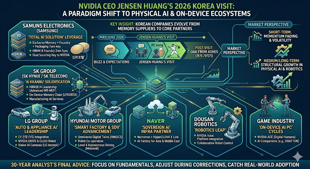 [Main Title]
"젠슨 황 NVIDIA CEO JENSEN HUANG’S 2026 KOREA VISIT: A PARADIGM SHIFT TO PHYSICAL AI & ON-DEVICE ECOSYSTEMS"
(중앙 상단에 위치한 메인 타이틀로, 젠슨 황의 2026년 방한이 피지컬 AI 및 온디바이스 생태계로의 패러다임 시프트를 의미함을 명시)

[Key Insight]
"KOREAN COMPANIES EVOLVE FROM MEMORY SUPPLIERS TO CORE PARTNERS"
(한국 기업들이 단순한 메모리 공급처에서 핵심 파트너로 진화했다는 애널리스트의 핵심 통찰 제시)

[Section 1: Timeline of Jensen Huang's Visit]
이미지 중앙에는 5월부터 6월까지의 시간 흐름과 방한 행보를 나타내는 화살표 형태의 타임라인 플로우 차트가 시각화되어 있습니다.

May/June 2026 - Buzz & Expectations: 방한 전 수혜주에 대한 시장의 뜨거운 기대감과 대중적 관심(말풍선 아이콘).

Jensen Huang's Visit: 방한 기간 중 이루어진 파격적인 행보들을 아이콘으로 묘사. 성수동 삼겹살 회동(테이블에 둘러앉은 인물들), 홍대 PC방 방문(맥주와 모니터 아이콘), 야구장 시구(투구하는 야구선수 일러스트).

Post-Visit - Oak from Ashes (옥석 가리기): 방한 이후 진짜 실적주와 테마주를 분별하는 시장의 조정기 및 필터링 단계 진입.

[Section 2: Market Perspective (Market Analysis)]
타임라인 우측에서 이어지는 흐름으로, 투자자가 직면한 두 가지 시장 관점을 상하 구조로 분석합니다.

Short-Term (단기적 관점): "Momentum Fading & Volatility" - 재료 소멸에 따라 주가가 하락하는 꺾인 그래프 아이콘과 함께 단기 변동성 경고.

Medium/Long-Term (중장기적 관점): "Structural Growth in Physical AI & Robotics" - 톱니바퀴와 우상향하는 계단식 그래프 아이콘과 함께 피지컬 AI 및 로봇 공학의 구조적 성장 선언.

[Section 3: Core Participating Companies & Technology Deep Dive]
이미지 하단과 좌측에는 엔비디아 가속기 칩셋 아이콘(중앙 부근)을 중심으로 거미줄처럼 회로가 연결된 6개 핵심 참여 기업의 기술 분석 박스가 배치되어 있습니다.

① SAMSUNG ELECTRONICS (SAMSUNG) - 'Total AI Solution' Leverage
Visuals: 신라호텔 아이콘, 3D 구조의 반도체 다이 및 HCB(Hybrid Copper Bonding) 패키징 레이어 일러스트, 반도체 웨이퍼 칩.

Core Tech Bullet Points:

Exclusive Memory + Foundry + Packaging Turn-key (메모리, 파운드리, 패키징을 아우르는 전 세계 유일의 원스톱 턴키 인프라 보유)

HBM4 & Foundry 2nm Sync (차세대 HBM4와 파운드리 2나노 공정의 결합)

Dual Sourcing Key to NVIDIA (TSMC 독점을 깨기 위한 엔비디아의 필수 듀얼 소싱 카드)

② SK GROUP (SK HYNIX / SK TELECOM) - 'AI Kkanbu' Solidification
Visuals: HBM 적층 칩 일러스트 및 촘촘하게 연결된 글로벌 네트워크 노드 아이콘.

Core Tech Bullet Points:

HBM3E/4 Leadership (Advanced MR-MUF) (독보적인 MR-MUF 공정 노하우 기반의 HBM 시장 지배력)

On-Device Memory Chain (LPDDR5X) (RTX 스파크 등 에지 컴퓨팅용 초저전력 모바일 메모리 체인 선점)

Manufacturing AI Services (제조 분야의 AI 인프라 서비스 협력 고도화)

③ LG GROUP - 'Auto & Appliance AI' Leadership
Visuals: 가전용 스마트 로봇(CLOiD 형태), 전기차(EV) 세단 일러스트, 방패 모양의 테크 보안 아이콘.

Core Tech Bullet Points:

EV 전장 (VS) Integration (엔비디아 드라이브 토르 기반의 차량용 중앙 집중형 컴퓨터 시스템 통합 기술)

NVIDIA DRIVE & CLOiD Robot (엔비디아 자율주행 및 Isaac 로봇 플랫폼을 이식한 휴머노이드 로봇)

Vision AI Cameras (LG Innotek) (야간·역광 등 로우 그레이드 환경에서 노이즈를 제어하는 고성능 비전 카메라 모듈)

④ HYUNDAI MOTOR GROUP - 'Smart Factory & SDV' Advancement
Visuals: 컨베이어 벨트와 로봇 팔이 가동 중인 자동화 공장 빌딩, 와이파이 센서가 부착된 자율주행 차량.

Core Tech Bullet Points:

Omniverse Digital Twins (HMGICS) (싱가포르 혁신센터에서 검증된 가상 공간 1:1 디지털 트윈 공정 최적화)

Robot Co-operation (생산 인프라 내에서 스스로 판단하고 움직이는 로봇 협업 시스템)

Level 4 Autonomous Driving (Motional) (모셔널 플랫폼에 엔비디아 소프트웨어를 이식한 레벨 4 자율주행 양산화)

⑤ NAVER - 'Sovereign AI' Infra Partner
Visuals: 정육면체 형태의 데이터 알고리즘 블록, 클라우드 서버 인프라에서 위로 뻗어나가는 업로드 화살표 아이콘.

Core Tech Bullet Points:

Nemotron + HyperCLOVA X Link (엔비디아 오픈 LLM 네모트론과 네이버 하이퍼클로바X의 이종 모델 최적화)

AI Factory for Asia & Middle East (비영어권 국가의 문화와 규제에 맞춘 소버린 AI 및 클라우드 패키지 공동 수출)

⑥ DOUSAN ROBOTICS - 'Robotics Leap'
Visuals: 정밀하게 꺾이는 다관절 산업용 로봇 팔(Manipulator)과 구동 톱니바퀴 일러스트.

Core Tech Bullet Points:

NVIDIA Isaac Platform Integration (엔비디아 로봇 특화 플랫폼 아이작과의 소프트웨어 연동)

Collaborative Robot Control (1mm 이하의 오차 범위 내에서 실시간으로 반응하는 로우레벨 펌웨어 및 정밀 토크 제어)

⑦ GAME INDUSTRY - 'On-Device AI PC' Cycles
Visuals: 총기를 들고 미래형 전투 슈트를 입은 남녀 게임 캐릭터 일러스트(크래프톤의 배틀그라운드 오마주).

Core Tech Bullet Points:

NVIDIA ACE (Digital Humans) (사용자 그래픽카드의 텐서 코어를 활용한 로컬 단에서의 디지털 휴먼 구동)

AI Companions (e.g., KRAFTON) (서버 지연 없는 온디바이스 SLM 기반의 실시간 대화형 AI 동료 시스템 구현)

[Footer - Analyst's Final Advice]
"30-YEAR ANALYST’S FINAL ADVICE: FOCUS ON FUNDAMENTALS, ADJUST DURING CORRECTIONS, CATCH REAL-WORLD ADOPTION"
(이미지 최하단을 가로지르는 짙은 그린색 바의 문구로, 테마성 소음에 흔들리지 말고 기업의 펀더멘털에 집중하며, 시장 조정기를 이용해 비중을 조절하고, 현실 세계에 AI 하드웨어가 실제로 적용 및 채택되는 시점을 포착하라는 30년 차 애널리스트의 최종 조언)