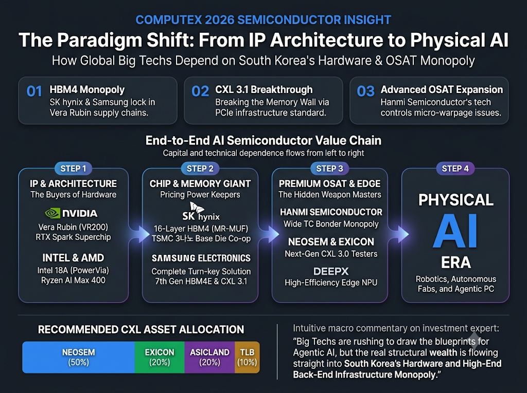 컴퓨텍스 2026을 기념하여 제작된 반도체 가치사슬(Value Chain) 인포그래픽 이미지입니다. 'IP 아키텍처에서 물리적 AI로의 패러다임 전환'을 주제로, 글로벌 빅테크 기업들이 한국의 하드웨어 및 OSAT(반도체 후공정) 독점 구조에 어떻게 의존하고 있는지 설명하고 있습니다. 다크 블루 배경에 세련된 네온 블루, 그린, 퍼플 컬러가 강조된 프리미엄 미래지향적 디자인입니다.

[상세 구조 및 텍스트 정보]

헤더 영역

상단 타이틀: COMPUTEX 2026 SEMICONDUCTOR INSIGHT

메인 타이틀: The Paradigm Shift: From IP Architecture to Physical AI

서브 타이틀: How Global Big Techs Depend on South Korea's Hardware & OSAT Monopoly

3대 핵심 거시 지표 요약 카드 (상단)

01 HBM4 Monopoly: SK hynix & Samsung lock in Vera Rubin supply chains. (SK하이닉스와 삼성이 엔비디아 베라 루빈 공급망을 선점하고 있음을 명시)

02 CXL 3.1 Breakthrough: Breaking the Memory Wall via PCIe infrastructure standard. (PCIe 인프라 표준을 통해 메모리 벽을 깨는 기술 혁신)

03 Advanced OSAT Expansion: Hanmi Semiconductor's tech controls micro-warpage issues. (한미반도체의 기술이 마이크로 워피지/반전 문제를 제어함)

엔드투엔드 AI 반도체 가치사슬 흐름도 (중앙)
좌측에서 우측으로 갈수록 자본과 기술적 의존도가 흐르는 4단계 구조입니다.

STEP 1: IP & ARCHITECTURE ("The Buyers of Hardware")

NVIDIA: Vera Rubin (VR200), RTX Spark Superchip

INTEL & AMD: Intel 18A (PowerVia), Ryzen AI Max 400

STEP 2: CHIP & MEMORY GIANT ("Pricing Power Keepers")

SK hynix: 16-Layer HBM4 (MR-MUF), TSMC 3나노 Base Die Co-op

SAMSUNG ELECTRONICS: Complete Turn-key Solution, 7th Gen HBM4E & CXL 3.1

STEP 3: PREMIUM OSAT & EDGE ("The Hidden Weapon Masters")

HANMI SEMICONDUCTOR: Wide TC Bonder Monopoly

NEOSEM & EXICON: Next-Gen CXL 3.0 Testers

DEEPX: High-Efficiency Edge NPU

STEP 4: PHYSICAL AI ERA

Robotics, Autonomous Fabs, and Agentic PC (로봇 공학, 자율형 팹, 에이전틱 PC로 연결되는 물리적 AI 시대 기술 적용)

하단 섹션: 자산 배분 전략 및 전문가 평론

RECOMMENDED CXL ASSET ALLOCATION (추천 CXL 자산 배분 바 차트)

NEOSEM (50%), EXICON (20%), ASICLAND (20%), TLB (10%)

하단 주석: 차세대 메모리 병목 현상을 타겟으로 한 다변화된 방어 전략

투자 대가의 직관적 매크로 평론

"Big Techs are rushing to draw the blueprints for Agentic AI, but the real structural wealth is flowing straight into South Korea's Hardware and High-End Back-End Infrastructure Monopoly."

(해석: 빅테크 기업들이 에이전틱 AI의 청사진을 그리기 위해 질주하고 있지만, 실제 구조적인 부는 한국의 하드웨어 및 고엔드 후공정 인프라 독점권으로 곧장 흘러 들어가고 있다.)