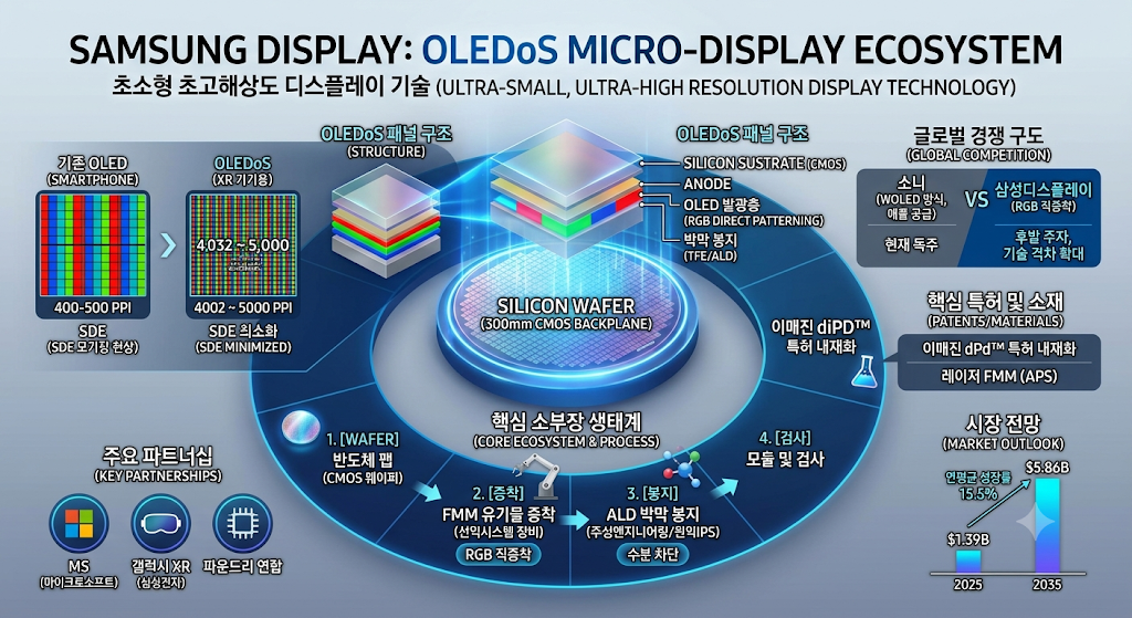 삼성디스플레이의 OLEDoS(올레도스) 에코시스템과 기술 분석 내용을 직관적으로 정리한 종합 인포그래픽 이미지입니다. 전체적으로 신뢰감을 주는 블루와 다크 그레이 톤의 깔끔하고 정돈된 레이아웃으로 구성되어 있습니다.

이미지의 상단에는 큰 글씨로 'SAMSUNG DISPLAY: OLEDoS MICRO-DISPLAY ECOSYSTEM'이라는 메인 타이틀과 함께 '초소형 초고해상도 디스플레이 기술 (ULTRA-SMALL, ULTRA-HIGH RESOLUTION DISPLAY TECHNOLOGY)'이라는 서브 타이틀이 적혀 있습니다.

중앙을 중심으로 좌측, 우측, 하단에 걸쳐 총 6개의 핵심 영역이 시각 자료와 함께 유기적으로 배치되어 있습니다. 각 영역의 상세 내용은 다음과 같습니다.

기존 OLED vs OLEDoS 비교 (좌측 상단):

스마트폰에 쓰이는 기존 OLED(400~500 PPI)와 XR 기기용 OLEDoS(4,002~5,000 PPI)의 픽셀 구조를 확대된 그리드 그래픽으로 비교하고 있습니다.

기존 OLED는 픽셀 간격이 넓어 모기장 현상(SDE)이 발생하는 반면, OLEDoS는 극도로 촘촘한 밀도로 SDE(스크린 도어 이펙트)를 최소화함을 시각적으로 보여줍니다.

OLEDoS 패널 구조 (중앙 상단):

실리콘 웨이퍼 기판 위에 여러 층의 레이어가 쌓여 있는 패널의 3D 단면도가 그려져 있습니다.

위에서부터 'SILICON SUBSTRATE (CMOS)', 'ANODE', 'OLED 발광층 (RGB DIRECT PATTERNING)', '박막 봉지 (TFE/ALD)' 순으로 정밀하게 적층된 아키텍처를 텍스트로 명시하고 있습니다.

핵심 소부장 생태계 및 제조 공정 (중앙 하단):

대형 12인치 실리콘 웨이퍼(300mm CMOS BACKPLANE) 그래픽을 중심으로 시계 방향으로 순환하는 4단계 공정 로드맵이 아이콘과 함께 표현되어 있습니다.

1단계 [WAFER]: 반도체 팹 (CMOS 웨이퍼)

2단계 [증착]: FMM 유기물 증착 (선익시스템 장비) - RGB 직증착

3단계 [봉지]: ALD 박막 봉지 (주성엔지니어링/원익IPS) - 수분 차단

4단계 [검사]: 모듈 및 검사

글로벌 경쟁 구도 및 핵심 특허 (우측 상단/중앙):

글로벌 경쟁 구도: WOLED 방식을 통해 애플에 공급하며 현재 독주 중인 '소니(SONY)'와, RGB 직증착 기술을 무기로 격차를 확대하며 맹추격 중인 '삼성디스플레이'의 대립 구도를 텍스트로 정리했습니다.

핵심 특허 및 소재: 삼성이 인수한 이매진(eMagin)의 'dPd™ 특허 내재화' 내용과 APS의 '레이저 FMM' 기술 협력이 강조되어 있습니다.

주요 파트너십 (좌측 하단):

삼성디스플레이의 에코시스템을 지탱하는 핵심 우군으로 MS(마이크로소프트) 로고, 갤럭시 XR 헤드셋 아이콘, 그리고 파운드리 연합(삼성전자 등) 아이콘이 나란히 배치되어 있습니다.

시장 전망 (우측 하단):

OLEDoS 시장의 가파른 성장세를 보여주는 3D 바 차트(Bar Chart) 그래프입니다.

2025년 13.9억 달러($1.39B) 규모에서 연평균 성장률 15.5%를 기록하며, 2035년에는 58.6억 달러($5.86B) 규모까지 크게 우상향하는 모습을 시각화하고 있습니다.