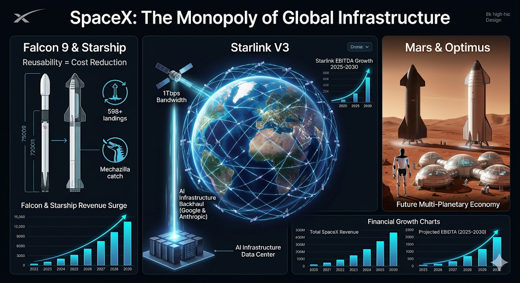 스페이스X(SpaceX): 글로벌 인프라의 독점'이라는 제목의 인포그래픽으로, 팰컨9과 스타쉽의 기술 데이터, AI 데이터 센터와 연결된 스타링크 V3의 3D 지구 궤도 맵, 테슬라 옵티머스가 있는 화성 기지 전경, 그리고 하단의 재무 성장 차트로 구성된 이미지.
SpaceX: The Monopoly of Global Infrastructure'라는 제목의 다크 모드 스타일 전문 인포그래픽 이미지입니다.
좌측 섹션: 'Falcon 9 & Starship' 기술 단면도와 함께 "재사용성 = 비용 절감", "598회 이상 착륙", "메카질라 포획" 문구가 포함되어 있으며, 하단에는 매출 급증을 나타내는 막대그래프가 있습니다.
중앙 섹션: 'Starlink V3'를 주제로 레이저로 연결된 위성망이 지구를 감싸고 있는 3D 궤도 지도가 그려져 있습니다. "1Tbps 대역폭" 레이저 빔이 하단의 "AI 인프라 데이터 센터(구글 및 앤트로픽 백홀)"로 연결되는 모습이 시각화되어 있습니다.
우측 섹션: 'Mars & Optimus' 섹션으로 화성에 착륙한 스타쉽과 기지 돔, 그리고 테슬라 옵티머스 로봇이 서 있는 모습과 함께 "미래 다행성 경제"라는 자막이 있습니다.
하단 섹션: 2025년부터 2030년까지 스페이스X의 총 매출 및 EBITDA 성장세를 보여주는 우상향 구조의 네온 블루 색상 재무 차트가 배치되어 있습니다.