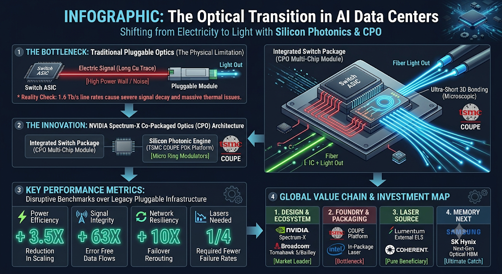 Spectrum-X Photonics, AI 데이터 센터의 광학 전환(The Optical Transition in AI Data Centers)'이라는 제목의 전문적인 기술 인포그래픽 이미지입니다. 미래지향적인 다크 네이비 배경에 네온 블루, 네온 그린, 오렌지 레드 컬러를 사용하여 실리콘 포토닉스 및 CPO 기술의 혁신을 4개의 섹션으로 설명하고 있습니다.
- 섹션 1 (병목 현상): 기존 플러거블 광학 기술의 한계를 보여줍니다. 스위치 ASIC에서 플러거블 모듈까지 긴 구리선(Long Cu Trace)을 통해 전기 신호가 이동할 때 높은 전력 장벽과 노이즈가 발생하며, 1.6 Tb/s 속도에서는 심각한 신호 감쇄와 발열 문제가 생김을 경고합니다.
- 섹션 2 (기술 혁신): 엔비디아 스펙트럼-X CPO 아키텍처를 3D 입체 그래픽으로 시각화했습니다. 스위치 ASIC과 TSMC COUPE 플랫폼 기반의 실리콘 포토닉스 엔진(65nm EIC + PIC 통합, 마이크로 링 변조기)이 초단거리 3D 하이브리드 본딩으로 수직 적층되어, 저전력으로 강력한 네온 블루 빛(광신호)을 뿜어내는 구조를 직관적으로 보여줍니다.
- 섹션 3 (핵심 성능 지표): 네온 그린 컬러의 발광 효과와 함께 4가지 파괴적 벤치마크 수치를 제시합니다. 전력 효율성 3.5배 향상, 신호 무결성 63배 향상(에러 없는 데이터 흐름), 네트워크 복원력 10배 향상(페일오버 라우팅), 필요한 레이저 수 4분의 1로 감소(불량률 감소).
- 섹션 4 (글로벌 밸류체인 및 투자 지도): 시장 생태계를 4개 분야로 분류했습니다.
1. 설계 및 생태계 (엔비디아, 브로드컴 - 시장 주도주)
2. 파운드리 및 패키징 (TSMC, 인텔 - 병목 해결자)
3. 레이저 소스 (루멘텀, 코히런트 - 순수 수혜주)
4. 차세대 메모리 (삼성전자, SK하이닉스 차세대 광 HBM - 최종 승자)