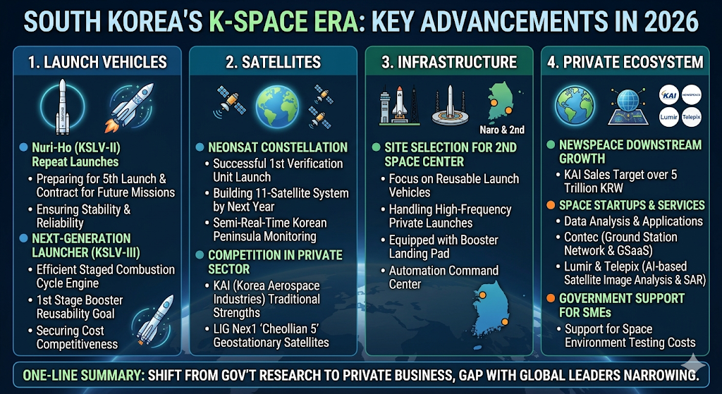 2026년 대한민국 우주산업 K-Space 시대의 4대 핵심 축(발사체, 위성, 인프라, 민간 생태계)과 주요 기업 투자 포인트를 요약한 영문 인포그래픽 이미지. 누리호 반복 발사 및 차세대 발사체(KSLV-III) 메탄 엔진 기술, 초소형 군집위성(NeonSat) 및 LIG넥스원 천리안 5호 경쟁, 제2우주센터 부지 공모와 재사용 착륙장 인프라, 한국항공우주(KAI) 매출 5조 원 돌파 및 컨텍·루미르 등의 뉴스페이스 다운스트림 데이터 비즈니스 성장 전략을 체계적으로 도식화함.