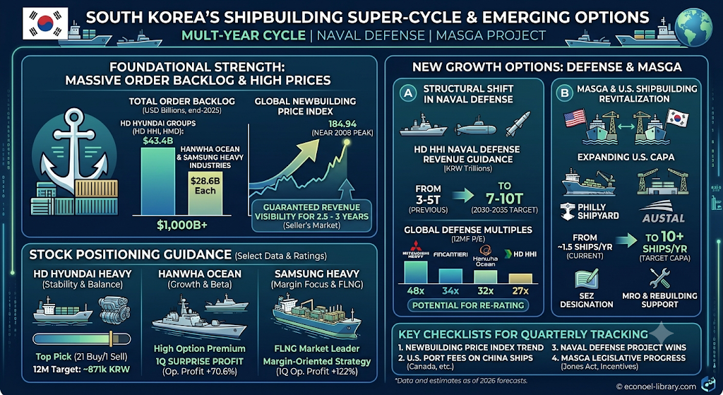 한국 조선업의 슈퍼사이클과 떠오르는 기회 (South Korea's Shipbuilding Super-Cycle & Emerging Options)
기초 체력: 거대한 수주 잔고와 고선가 (Foundational Strength: Massive Order Backlog & High Prices) - HD현대, 한화오션, 삼성중공업의 수주 잔고(1,000억 달러 초과)와 신조선가지수(184.94 포인트)의 상승세를 그래프로 보여줍니다.
새로운 성장 기회: 방산과 MASGA (New Growth Options: Defense & MASGA)
A. 방산: HD현대의 방산 매출 목표 상향(3~5조 원에서 7~10조 원)과 글로벌 피어 대비 낮은 밸류에이션(P/E 27~32배)을 비교하여 리레이팅 가능성을 보여줍니다.
B. MASGA: 미국 조선업 부흥 프로젝트(MASGA)의 실체와 존스법(Jones Act)의 한계 극복 과정을 시각화하여, 한화그룹의 필리 조선소 인수 및 오스탈 지분 확보를 통한 북미 MRO 및 건조 시장 진출 기회를 설명합니다.
종목별 포지셔닝:
HD현대중공업 (대형주 안정형/Top Pick): 엔진 내재화와 가장 균형 잡힌 포트폴리오를 강조합니다.
한화오션 (하이 리스크-하이 리턴/성장형): MASGA 및 방산 테마에 대한 높은 베타와 1분기 어닝 서프라이즈를 강조합니다.
삼성중공업 (수익성 중심/가치주형): FLNG 분야의 독점적 지위와 보수적·고마진 전략을 강조합니다.
최종 제언 (핵심 체크리스트): 투자자가 분기별로 트래킹해야 할 핵심 지표(신조선가지수 추이, 미국 항만 수수료 시행, 특수선 빅딜 낙찰 시점, MASGA 법제화 진전)를 정리했습니다.