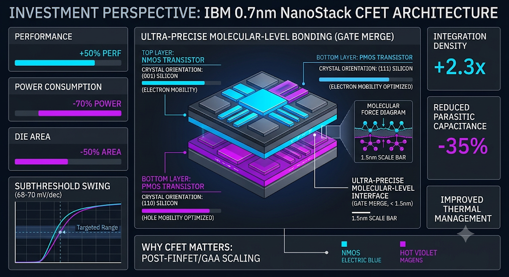 IBM 0.7nm NanoStack CFET Architecture. The layout is divided into a clean multi-section grid for data visualization. Deep cybernetic charcoal and dark navy blue background (#0B0F19), with a sharp contrast of Neon Electric Blue (#00E5FF) representing NMOS and Hot Violet/Magenta (#D500F9) representing PMOS.
The graphic should include:
A futuristic 3D exploded view of two silicon wafer layers being bonded together at a molecular level (Gate Merge).
Clean, premium UI-style metric boxes showing data bars and percentages like "+50% Perf", "-70% Power", "-50% Area".
Tech charts symbolizing "Subthreshold Swing (68-70 mV/dec)" with precise, elegant lines.
A professional, modern typography and layout suitable for a top-tier global investment tech blog. Overall mood is premium, intellectual, and authoritative, 8k resolution, vector style elements, highly detailed, no human figures, cinematic tech lighting --ar 16:9