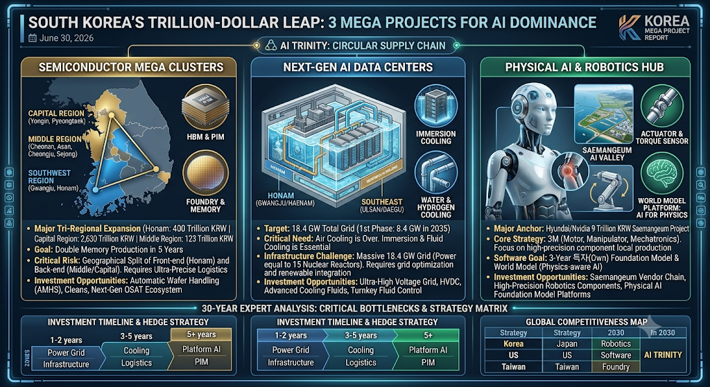 대한민국 대도약 3대 메가프로젝트
상단 타이틀: "SOUTH KOREA'S TRILLION-DOLLAR LEAP" (대한민국의 1조 달러대 대도약) 전략을 바탕으로 반도체, 데이터센터, 로봇의 선순환 구조(Circular Supply Chain)를 시각화했습니다.
좌측 피봇 (반도체 메가 클러스터): 수도권(용인·평택), 중부권(천안·아산·청주·세종), 서남권(광주·호남)을 잇는 거대한 '골든 트라이앵글' 공급망 매핑입니다. 전공정과 후공정의 지리적 분리 리스크를 극복할 AMHS(자동화 물류) 및 차세대 OSAT 생태계의 투자 기회를 명시하고 있습니다.
중앙 피봇 (차세대 AI 데이터센터): 공랭식(Air Cooling)의 종말을 선언하고, 호남 및 영남권에 도입될 '액침 냉각(Immersion Cooling)' 탱크의 3D 내부 아키텍처를 보여줍니다. 원전 15기 규모에 달하는 18.4GW 전력 그리드를 제어할 초고압 직류송전(HVDC) 및 유체 제어 소부장의 타임라인을 한눈에 확인할 수 있습니다.
우측 피봇 (피지컬 AI & 로봇 허브): 현대차와 엔비디아가 주도하는 새만금 AI 밸리를 중심으로 감속기·센서 등의 국산화(3M 전략) 현황을 다룹니다. 특히 하드웨어의 한계를 넘어서기 위해 필수적인 '물리 법칙 인지형 월드 모델(World Model) 플랫폼'의 생태계 지배력을 강조합니다.
하단 자산 배분 매트릭스: 앞선 30년 차 애널리스트 리포트에서 제시한 '1~2년 차(전력 인프라) ➡️ 3~5년 차(냉각·물류 병목 해결) ➡️ 5년 이후(월드 모델 플랫폼 및 PIM 반도체 최종 포식자)'로 이어지는 자본의 스마트 머니 로드맵과 글로벌 경쟁력 지표를 일목요연하게 정리했습니다.