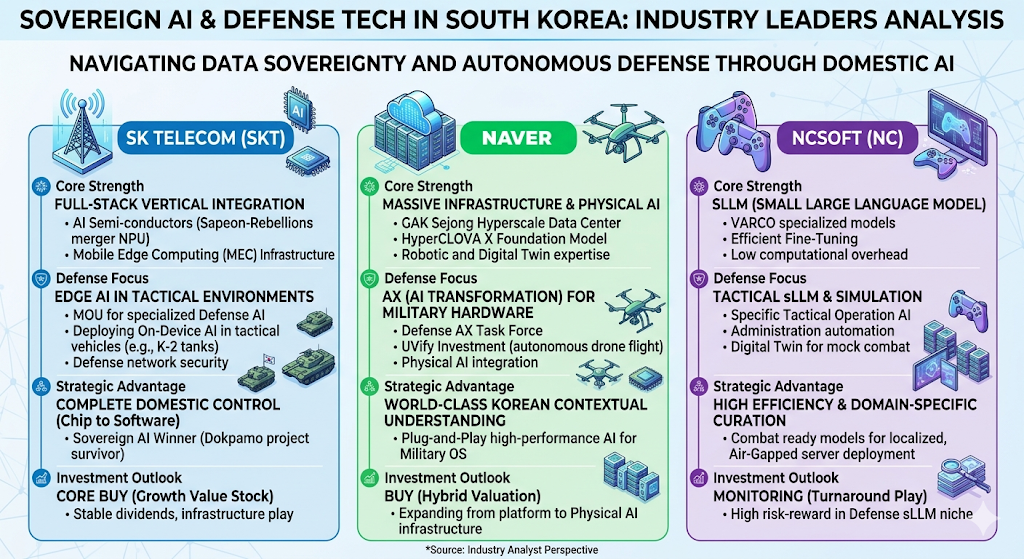 소버린 AI 와 국방 AI관련 기술 이미지
[Main Title]
Sovereign AI & Defense Tech in South Korea: Industry Leaders Analysis
[Subtitle]
Navigating Data Sovereignty and Autonomous Defense Through Domestic AI

1. Left Column: SK TELECOM (SKT)
Visual Icon: A telecom tower and an AI microchip, with an illustration of two military tanks at the center.

Core Strength: FULL-STACK VERTICAL INTEGRATION

AI Semi-conductors (Sapeon-Rebellions merger NPU)

Mobile Edge Computing (MEC) Infrastructure

Defense Focus: EDGE AI IN TACTICAL ENVIRONMENTS

MOU for specialized Defense AI

Deploying On-Device AI in tactical vehicles (e.g., K-2 tanks)

Defense network security

Strategic Advantage: COMPLETE DOMESTIC CONTROL (Chip to Software)

Sovereign AI Winner (Dokpamo project survivor)

Investment Outlook: CORE BUY (Growth Value Stock)

Stable dividends, infrastructure play

2. Middle Column: NAVER
Visual Icon: A cloud data center server rack and an autonomous drone system.

Core Strength: MASSIVE INFRASTRUCTURE & PHYSICAL AI

GAK Sejong Hyperscale Data Center

HyperCLOVA X Foundation Model

Robotic and Digital Twin expertise

Defense Focus: AX (AI TRANSFORMATION) FOR MILITARY HARDWARE

Defense AX Task Force

UVify Investment (autonomous drone flight)

Physical AI integration

Strategic Advantage: WORLD-CLASS KOREAN CONTEXTUAL UNDERSTANDING

Plug-and-Play high-performance AI for Military OS

Investment Outlook: BUY (Hybrid Valuation)

Expanding from platform to Physical AI infrastructure

3. Right Column: NCSOFT (NC)
Visual Icon: Game controllers and a monitor displaying a tactical simulation interface.

Core Strength: SLLM (SMALL LARGE LANGUAGE MODEL)

VARCO specialized models

Efficient Fine-Tuning

Low computational overhead

Defense Focus: TACTICAL sLLM & SIMULATION

Specific Tactical Operation AI

Administration automation

Digital Twin for mock combat

Strategic Advantage: HIGH EFFICIENCY & DOMAIN-SPECIFIC CURATION

Combat ready models for localized, Air-Gapped server deployment

Investment Outlook: MONITORING (Turnaround Play)

High risk-reward in Defense sLLM niche

[Footer Note]
*Source: Industry Analyst Perspective