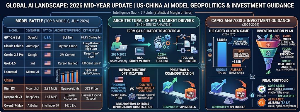 LLM Model Battle (Top 8 AI Models): Compares key USA and China models, highlighting that while the West (led by Sol and Fable 5) holds a slight edge in reasoning and coding, China (led by Kimi K3 and Qwen3.7-Max) has closed the gap to within 3 AI Intelligence Points using MoE architecture and price wars.

Architectural Shifts: Explains the move from simple Q&A to Agentic AI and the rise of massive 2M+ context windows. It illustrates the hardware battle between NVIDIA GPUs and Google TPUs against China's optimization on native chips like Huawei Ascend.

Investment Guidance (2026-2029): Provides a financial outlook, labeling model development as high-risk ("The Winner's Curse") while advising focus on "Infrastructure Efficiency Leaders" (Google) and "Real-World Agents" (Microsoft/GitHub). It also provides a core vs. alpha stock comparison.