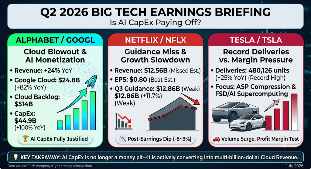 2026년 2분기 Big Tech(알파벳, 넷플릭스,테슬라 등) 실적 총정리
Top Header:

Q2 2026 BIG TECH EARNINGS BRIEFING"Is AI CapEx Paying Off?"
Main Split Section (3 Columns):
ALPHABET (GOOGL) [Color: Bright Green / Neon Blue]
Headline: Cloud Blowout & AI Monetization
Key Data:
Revenue: +24% YoY
Google Cloud: $24.8B (+82% YoY)
Cloud Backlog: $514B
CapEx: $44.9B (+100% YoY)
Takeaway Tag: 🏆 AI CapEx Fully Justified
NETFLIX (NFLX) [Color: Red / Dark Gray]
Headline: Guidance Miss & Growth Slowdown
Key Data:
Revenue: $12.56B (Missed Est.)
EPS: $0.80 (Beat Est.)
Q3 Guidance: $12.86B (+11.7%) (Weak)
Takeaway Tag: 📉 Post-Earnings Dip (-8~9%)
TESLA (TSLA) [Color: Crimson / Metallic White]
Headline: Record Deliveries vs. Margin Pressure
Key Data:
Deliveries: 480,126 units (+25% YoY) (Record High)
Focus: ASP Compression & FSD/AI Supercomputing
Takeaway Tag: 🚗 Volume Surge, Profit Margin Test
Bottom Footer (Core takeaway):

💡 KEY TAKEAWAY: AI CapEx is no longer a money pit—it is actively converting into multi-billion-dollar Cloud Revenue.