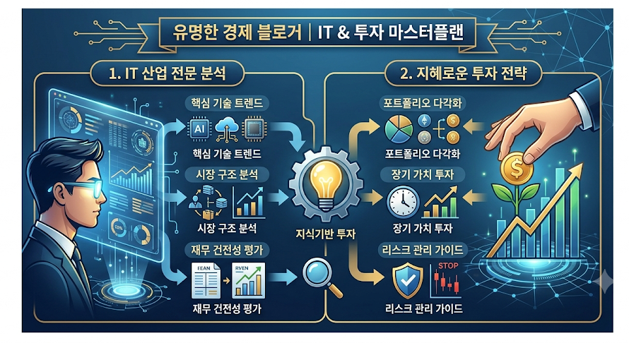 부동산 정책 국민 대토론회 총력 분석: 자산 시장의 대전환과 7월 말 대책 시나리오

1. 웹 표준 한 줄 대체 텍스트 (Short Alt Text)
alt="유명 경제 블로거의 IT 산업 전문 분석 및 지혜로운 투자 마스터플랜 인포그래픽"

2. 블로그 본문용 상세 설명 / 캡션 (Long Description)
[인포그래픽 구성 상세 설명]
이 이미지 "유명 경제 블로거 | IT & 투자 마스터플랜"은 IT 산업 분석과 성공적인 투자 전략의 연결 고리를 직관적으로 설명하는 인포그래픽입니다.

좌측 (1. IT 산업 전문 분석):

애널리스트가 디지털 스크린을 통해 테크 데이터를 분석하는 모습이 그려져 있습니다.

핵심 기술 트렌드: AI, 클라우드, 반도체 칩 등 첨단 기술 분야를 정밀 탐색합니다.

시장 구조 분석: 데이터 기반의 시장 동향 및 산업 구조를 다각도로 평가합니다.

재무 건전성 평가: 기업 재무제표와 실적 그래프를 분석하여 기초 체력을 파악합니다.

중앙 (지식기반 투자):

분석된 데이터와 인사이트가 톱니바퀴와 전구 모형을 거쳐 실질적인 투자 지식으로 전환되는 과정을 보여줍니다.

우측 (2. 지혜로운 투자 전략):

포트폴리오 다각화: 원형 차트와 다양한 자산 아이콘을 통해 리스크를 분산합니다.

장기 가치 투자: 시계와 상승 그래프를 활용해 단기 변동성을 극복하는 가치 투자를 강조합니다.

리스크 관리 가이드: 방패 아이콘과 손절매(Stop) 지표를 통해 안정적인 자산 보호 전략을 제시합니다.

오른쪽 하단에는 새싹이 돋아나며 큰 상승 그래프로 이어지는 이미지로 자산의 지속적인 성장을 표현하고 있습니다.