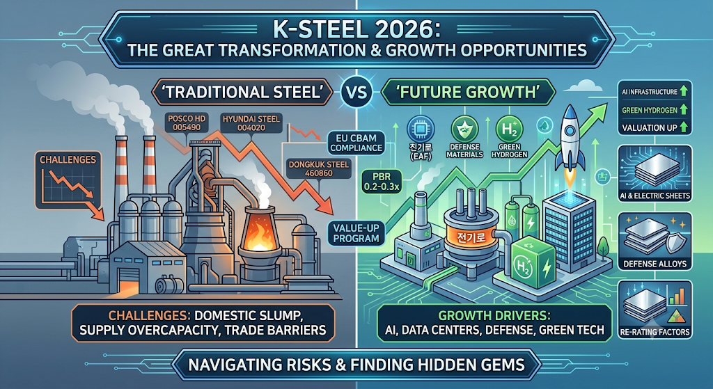 [2026년 한국 철강산업 대전환 및 성장 기회 인포그래픽]

상단 타이틀: K-STEEL 2026: THE GREAT TRANSFORMATION & GROWTH OPPORTUNITIES (한국 철강 2026: 대전환과 성장 기회)

좌측 (TRADITIONAL STEEL - 기존 전통 철강): 고로와 연기를 내뿜는 공장 굴뚝 배경. 포스코홀딩스(005490), 현대제철(004020), 동국제강(460860) 등 주요 기업의 하락세를 나타내는 주가 그래프와 함께 내수 침체, 공급 과잉, 무역 장벽이라는 3대 위협 요인(CHALLENGES) 명시.

우측 (FUTURE GROWTH - 미래 성장 동력): 전기로(EAF), 수소 기술, AI, 방산 소재를 상징하는 아이콘과 로켓 우상향 주가 그래프. AI 데이터센터 및 변압기용 전기강판, 방산용 특수합금, 저탄소 기술을 통한 PBR(0.2~0.3배) 저평가 탈출 및 밸류에이션 상승(VALUATION UP) 모멘텀 명시.

하단 메세지: EU CBAM 준수 및 정부 밸류업 프로그램을 통한 리스크 극복과 숨은 알짜 수혜주 발굴(NAVIGATING RISKS & FINDING HIDDEN GEMS) 메시지 전달.