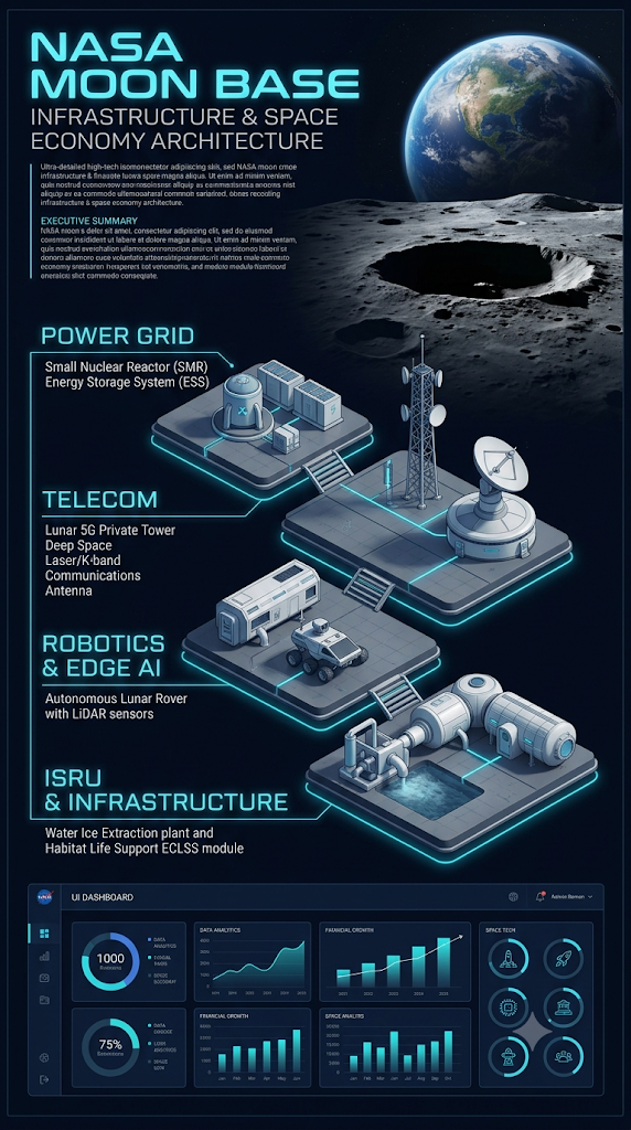 High-tech isometric infographic poster about "NASA Moon Base(문베이스) Infrastructure & Space Economy Architecture". Dark space background with Earth and the Moon's south pole crater in the background. Ultra-detailed 3D isometric cutaway diagram of a lunar base settlement.
The architecture displays 4 connected main modular layers labeled with futuristic glowing typography:
POWER GRID: Small Nuclear Reactor (SMR) and Energy Storage System (ESS)
TELECOM: Lunar 5G Private Tower and Deep Space Laser/K-band Communications Antenna
ROBOTICS & EDGE AI: Autonomous Lunar Rover with LiDAR sensors
ISRU & INFRASTRUCTURE: Water Ice Extraction plant and Habitat Life Support ECLSS module
Professional UI dashboard overlay showing data analytics, financial growth graphs, and space tech icons. Sleek corporate tech design, navy blue and cyan neon lighting, 8k resolution, photorealistic rendering, infographics vector graphics style, crisp text labels, executive summary layout.