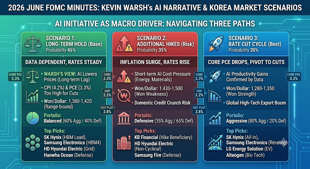 2026년 6월 FOMC 의사록 분석에 따른 케빈 워시(Kevin Warsh) 연준 의장의 AI 내러티브와 한국 증시 대응 3대 시나리오를 비교한 인포그래픽 이미지.
배경은 신뢰감을 주는 네이비와 에메랄드 그린 톤의 반도체 회로 기판 패턴으로 디자인되어 있으며, 상단에 '2026 JUNE FOMC MINUTES: KEVIN WARSH's AI NARRATIVE & KOREA MARKET SCENARIOS'라는 메인 타이틀과 'AI INITIATIVE AS MACRO DRIVER: NAVIGATING THREE PATHS'라는 서브 타이틀이 명시되어 있습니다.
중앙에는 거시경제 지표인 Core PCE 3.3%, GDP 2.2%, Dot Plot 3.8% 수치가 세로 축으로 연결되어 있으며, 이를 중심으로 세 가지 투자 시나리오가 좌측부터 우측으로 3개 열의 카드 형태로 배치되어 있습니다.
1. 첫 번째 카드 (그린, 시나리오 1: 동결 유지 - Base 시나리오, 발생 확률 45%)
- 상단: 저울 아이콘과 함께 'DATA DEPENDENT, RATES STEADY' 표기.
- 매크로 분석: Kevin Warsh 의장의 AI 물가 하락 시각(장기 시차 존재), 현재의 높은 CPI(4.2%) 및 PCE(3.3%)로 당장 인하 불가, 원/달러 환율 1,380~1,420원 박스권 횡보 전망.
- 자산 배분: 균형형 포트폴리오 (공격 60% / 방어 40%).
- 추천 종목: SK하이닉스(HBM 선도), 삼성전자(HBM4 기대), HD현대일렉트릭(전력망), 한화오션(방산).
2. 두 번째 카드 (레드, 시나리오 2: 추가 인상 - Risk 시나리오, 발생 확률 35%)
- 상단: 상승 화살표 및 경고 아이콘과 함께 'INFLATION SURGE, RATES RISE' 표기.
- 매크로 분석: 단기적 AI 인프라 비용 압력(에너지, 원자재 가격 상승), 원/달러 환율 1,430~1,500원 돌파(원화 약세), 국내 신용 경색 및 자금 압박 리스크 경고.
- 자산 배분: 방어형 포트폴리오 (공격 35% / 방어 65%).
- 추천 종목: KB금융(금리 인상 수혜), HD현대일렉트릭(비경기적 수주 산업), 삼성화재(방어형 가치주).
3. 세 번째 카드 (블루, 시나리오 3: 인하 전환 - Best 시나리오, 발생 확률 20%)
- 상단: 로켓 아이콘과 함께 'CORE PCE DROPS, PIVOT TO CUTS' 표기.
- 매크로 분석: 데이터로 증명된 AI 생산성 향상 효과, 원/달러 환율 1,280~1,350원 안정화(원화 강세), 글로벌 하이테크 수출 대호황 전개.
- 자산 배분: 공격형 포트폴리오 (공격 80% / 방어 20%).
- 추천 종목: SK하이닉스(올인), 삼성전자(리레이팅), LG에너지솔루션(전기차 부활), 알테오젠(바이오 테크).