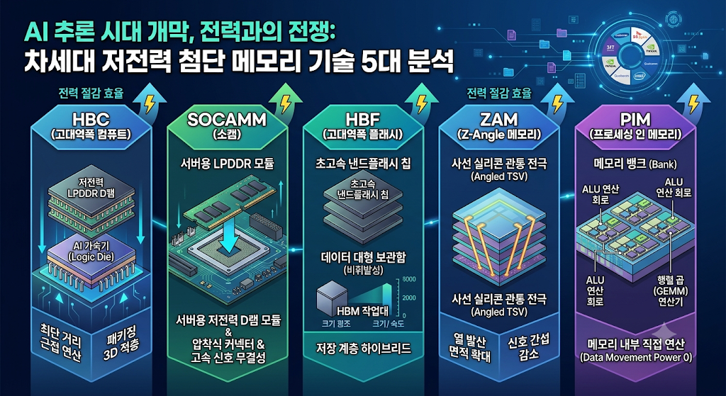 HBM의 뒤를 이을 차세대 첨단 메모리 기술 5종(HBC, SOCAMM, HBF, ZAM, PIM)의 핵심 개념과 전력 효율성 비교 인포그래픽. AI 추론 시대를 맞아 '데이터 이동 최소화와 저전력'을 달성하기 위한 각 기술별 구조적 차이와 엔지니어링 핵심 아이디어를 도표와 아이콘으로 한눈에 보기 쉽게 정리한 대표 이미지.