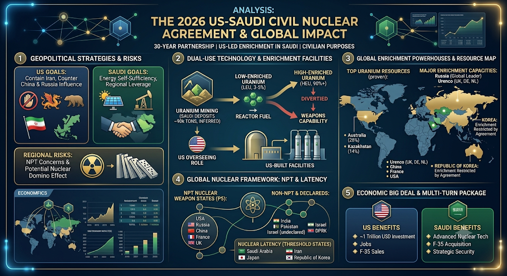 미-사우디 원자력 협정 이미지
Detailed infographic titled 'ANALYSIS: THE 2026 US-SAUDI CIVIL NUCLEAR AGREEMENT & GLOBAL IMPACT' analyzing the 30-year partnership and US-led enrichment in Saudi Arabia for civilian purposes.

The infographic is structured into five main sections:
1. Geopolitical Strategies & Risks: Highlights US goals (containing Iran, countering China & Russia) and Saudi goals (energy self-sufficiency, regional leverage), alongside regional risks such as potential nuclear domino effects.
2. Dual-Use Technology & Enrichment Facilities: Illustrates the uranium fuel process, showing how Low-Enriched Uranium (3-5%) for power reactors can potentially be diverted to High-Enriched Uranium (90%+) for weapons, with US-built and overseen facilities.
3. Global Enrichment Powerhouses & Resource Map: Displays a world map comparing major uranium resource holders (Australia 28%, Kazakhstan 14%, Saudi ~90k tons inferred) against enrichment technology powers (Russia, Urenco, China, France, USA), highlighting South Korea's agreement-restricted status.
4. Global Nuclear Framework (NPT & Latency): Categorizes NPT P5 states (USA, Russia, China, France, UK), Non-NPT/Declared states (India, Pakistan, Israel, DPRK), and Threshold States with Nuclear Latency (Saudi Arabia, Iran, Japan, Republic of Korea).
5. Economic Big Deal & Multi-Turn Package: Details bilateral benefits, including $1 Trillion USD investment, job creation, and F-35 sales for the US, in exchange for advanced nuclear technology, F-35 acquisitions, and strategic security for Saudi Arabia.