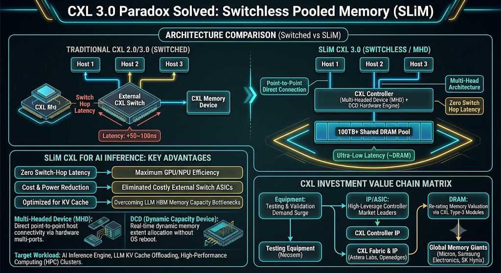 Title: CXL 3.0 Paradox Solved: Switchless Pooled Memory (SLiM)

Key Mechanism:

Multi-Headed Device (MHD): Direct point-to-point host connectivity via hardware multi-ports.

DCD (Dynamic Capacity Device): Real-time dynamic memory extent allocation without OS reboot.

Target Workload: AI Inference Engine, LLM KV Cache Offloading, High-Performance Computing (HPC) Clusters.

Investment Catalyst:

Equipment: Testing & Validation Demand Surge

IP/ASIC: High-Leverage Controller Market Leaders

DRAM: Re-rating Memory Valuation via CXL Type-3 Modules