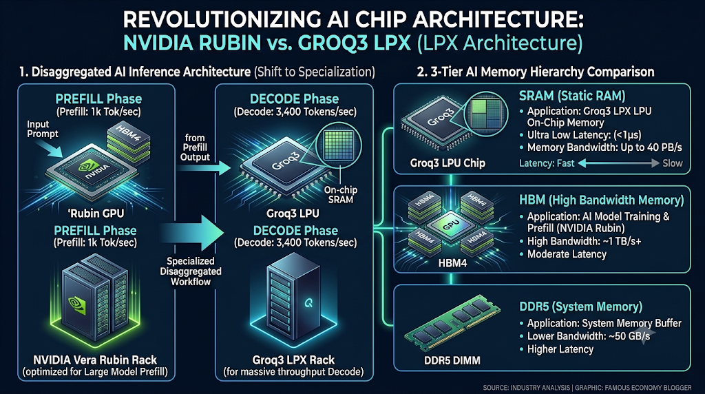 엔비디아 그록랙 구조
디스어그리게이티드 추론 구조 (Disaggregated AI Inference Architecture)

Rubin GPU (HBM4): 입력 데이터 분석 및 문맥 파악을 전담하는 Prefill 단계

Groq3 LPU (On-chip SRAM): 초당 3,400 토큰 생성을 전담하는 초저지연 Decode 단계

3단계 메모리 계층 구조 비교 (3-Tier Memory Hierarchy)

SRAM: Ultra Low Latency / 40 PB/s Bandwidth (실시간 순차 토큰 생성)

HBM: High Bandwidth / Large Capacity (학습 및 병렬 연산)

DDR5: System Memory Buffer (대용량 KV 캐시 및 백업)

디자인 톤앤매너: 글로벌 테크 및 금융 분야에 어울리는 다크 네이비 & 네온 블루/그린 아키텍처 비주얼로 완성되었습니다.