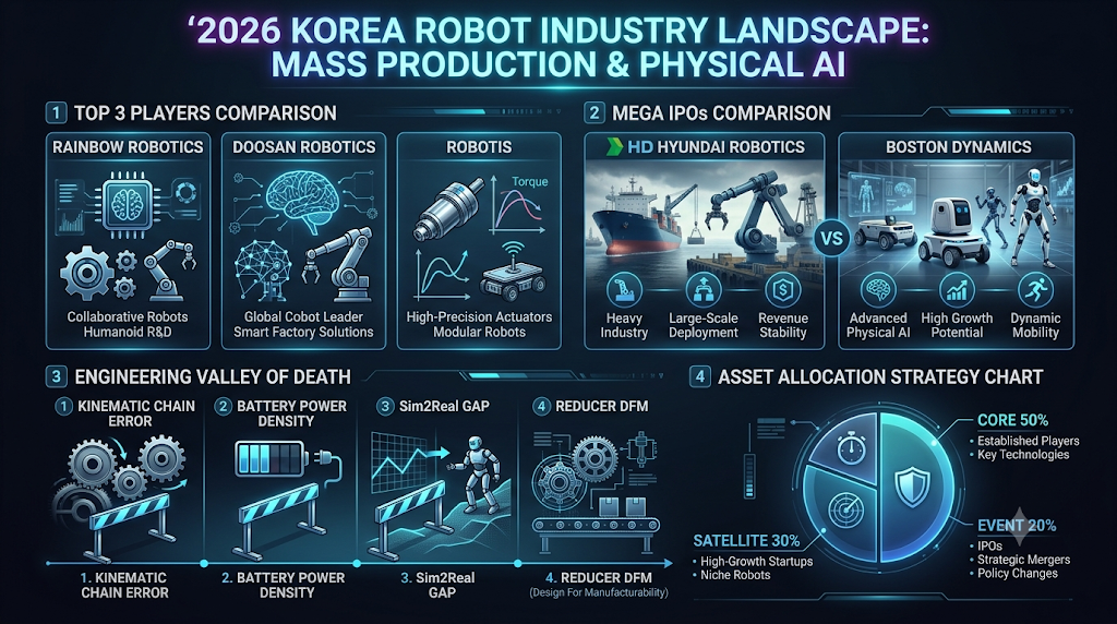 로봇 산업 이미지
상단 타이틀 (Header Banner)Title: 2026 KOREA ROBOT INDUSTRY LANDSCAPE: MASS PRODUCTION & PHYSICAL AISubtitle: From Lab Prototype to Mass Production (10,000+ Units) & Physical AIKey Stats: 대기업(삼성, 현대, LG) 시너지 및 메가 IPO 기업가치(최대 30조 원) 강조SECTION 1: TOP 3 대장주 기술 비교 (Key Technology Vectors)Rainbow Robotics (277810.KQ): 부품/액추에이터 100% 내재화, 삼성전자 반도체/공장 무인화 라인 실증Doosan Robotics (454910.KS): 엔비디아 Isaac 기반 Physical AI & 대화형 모션 제어, 북미 OnExia 인수 B2B 확장ROBOTIS (108490.KQ): Dynamixel 액추에이터 수직계열화(매출 98%), 테슬라/구글 등 글로벌 공급망 확보SECTION 2: 메가 IPO 비교 (Mega IPOs Comparison)HD Hyundai Robotics (HD현대그룹): KRX 상장 추진, 기업가치 ~1.8조 원, 산업용 로봇 대량양산Boston Dynamics (현대차그룹): NASDAQ 상장 목표, 기업가치 ~30조 원, All-Electric Atlas 및 지배구조 개편 수혜SECTION 3: 양산 4대 엔지니어링 장벽 (Engineering Valley of Death)Kinematic Chain Error ($\theta = 0.01^\circ$): 관절 유격 누적에 따른 오차 ➔ Auto-calibrationBattery Density & Power Limit ($P_{peak} > 1\text{kW}$): 전력 소모 한계 ➔ 초고속 배터리 스왑Sim2Real Gap: 시뮬레이션-실제 현장 마찰/진동 차이 ➔ 비선형 운동량 보정 알고리즘Reducer Yield & DFM: 감속기 열처리 및 백래시 최소화 수율 확보SECTION 4: 자산 배분 전략 (Asset Allocation Strategy)Core (50%): Rainbow Robotics, ROBOTIS (부품 내재화를 통한 높은 GPM)Satellite (30%): Doosan Robotics, Neuromeka (AI 모션 제어 및 RaaS 스케일링)Event-Driven (20%): Boston Dynamics, HD Hyundai Robotics (대규모 Captive Market 보유)