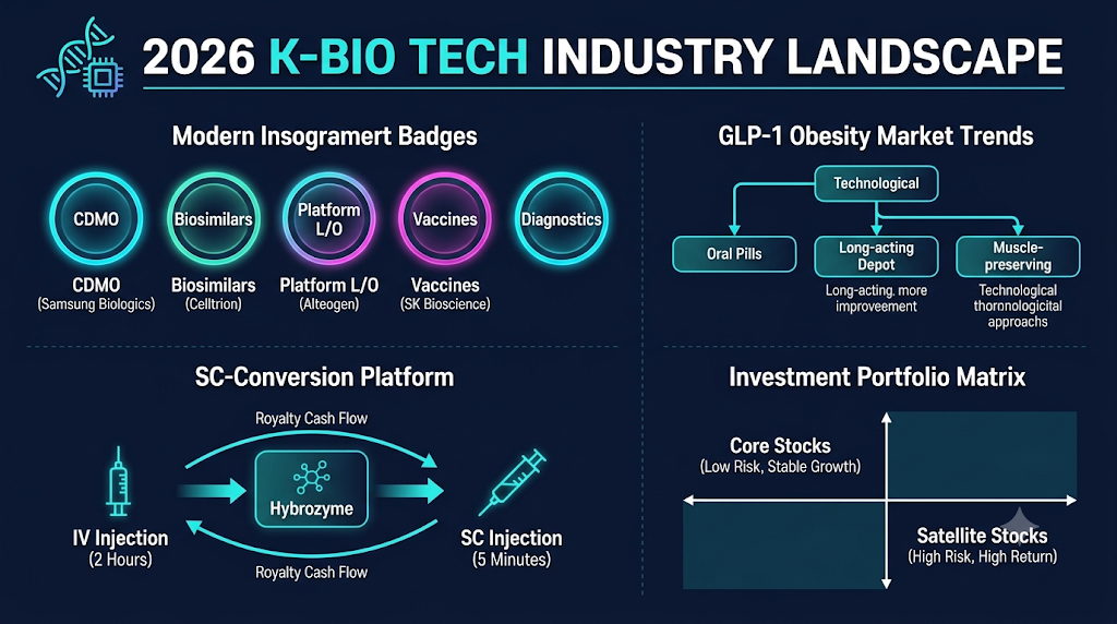 2026 K-바이오 Tech Industry Landscape 인포그래픽 이미지

다크 네이비 배경에 네온 시안, 틸, 마젠타 컬러 아이콘과 타이포그래피가 적용된 기술·투자 인포그래픽입니다.

상단 헤더: DNA 이중나선 및 마이크로칩 아이콘과 함께 "2026 K-BIO TECH INDUSTRY LANDSCAPE" 제목 표시

좌측 상단 (5대 핵심 축): CDMO(삼성바이오로직스), Biosimilars(셀트리온), Platform L/O(알테오젠), Vaccines(SK바이오사이언스), Diagnostics 5개 원형 발광 배지 배치

우측 상단 (GLP-1 비만치료제 트렌드): "Technological" 하위 항목으로 "Oral Pills", "Long-acting Depot", "Muscle-preserving" 3가지 기술적 접근 방식을 연결한 순서도

좌측 하단 (SC 전환 플랫폼): "IV Injection (2 Hours)"이 Hybrozyme 플랫폼 및 로열티 현금 흐름 화살표를 거쳐 "SC Injection (5 Minutes)"으로 전환되는 다이어그램

우측 하단 (투자 포트폴리오 매트릭스): "Core Stocks (Low Risk, Stable Growth)"와 "Satellite Stocks (High Risk, High Return)" 영역으로 구분된 2x2 매트릭스 그래프