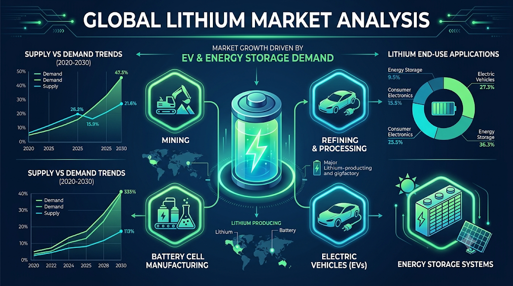 글로벌 배터리 원료 리튬 시장 분석(Global Lithium Market Analysis)을 다룬 다크 모드 스타일의 영문 인포그래픽. 상단에는 2020년부터 2030년까지의 리튬 공급과 수요 추이를 나타내는 데이터 차트(Supply vs Demand Trends)가 위치해 있으며, 중앙의 대형 3D 리튬 배터리 그래픽을 중심으로 리튬 채굴(Mining), 배터리 셀 제조(Battery Cell Manufacturing), 가공 및 정제(Refining & Processing), 전기차(EVs) 및 에너지 저장 시스템(ESS)으로 연결되는 글로벌 밸류체인 단계가 시각화되어 있다