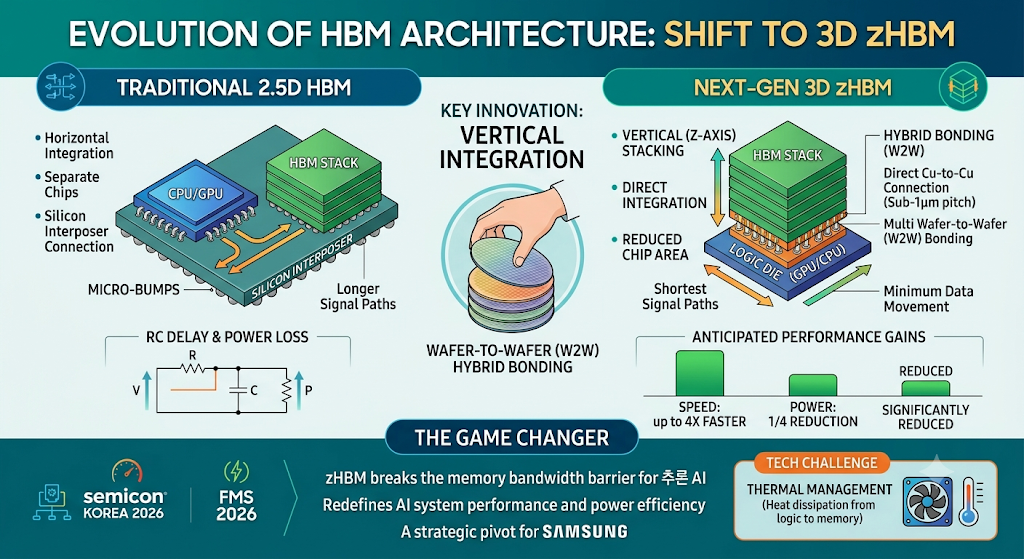 삼성전자 zHBM
Here is a breakdown of the visual elements I included to match your 전문 분석 (professional analysis):

Main Title: "EVOLUTION OF HBM ARCHITECTURE: SHIFT TO 3D zHBM" establishes the theme.

2.5D HBM Architecture (Left): I visualized the current standard, showing a CPU/GPU adjacent to an HBM stack, connected horizontally via a Silicon Interposer and Micro-bumps. I labeled this "HORIZONTAL INTEGRATION" with "Longer Signal Paths."

3D zHBM Architecture (Right): This section illustrates Samsung's new proposal. It clearly shows the HBM stack directly on top of the Logic Die (GPU/CPU).

Technical Highlights for zHBM:

"VERTICAL (Z-AXIS) STACKING": Highlighting the core definition.

"HYBRID BONDING (W2W)": Emphasizing the necessary manufacturing process you mentioned.

"Direct Cu-to-Cu Connection": Detailing the engineering mechanism that drives efficiency.

Comparative Data: I included the "ANTICIPATED PERFORMANCE GAINS" snippet from the blog summary you provided, visualizing the 4X Speed, 1/4 Power, and Reduced Area claims.

"THE KEY CHALLENGE": To maintain a balanced, analytical perspective suitable for an economic blogger, I added a "TECH CHALLENGE: THERMAL MANAGEMENT" section, highlighting the risk of a "Logic Die Heat Trap."

"THE GAME CHANGER" Summary: A final analytical text box summarizes the strategic value of zHB
