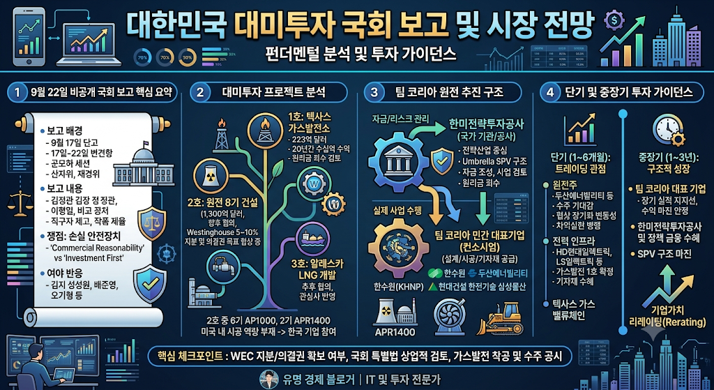 
대한민국 대미투자 국회 보고 및 시장 전망

**[최상단 제목]**
대한민국 대미투자 국회 보고 및 시장 전망 - 펀더멘털 분석 및 투자 가이던스. (배경으로 도시 스카이라인과 그래프, 시계, 코인 아이콘이 배치된 미래지향적인 디지털 배경)

**[섹션 1: 9월 22일 비공개 국회 보고 핵심 요약]** (스크롤 아이콘에 배치된 정보)

* **보고 배경**: 9월 17일 연기 후 9월 22일 변경 보고, 국회 재경위 및 산자위 비공개 전체회의 상정, 상임위 전문위원 및 보좌진 배석 불허.
* **보고 내용**: 김정관 산업부 장관(확정 1건, 관심 2건), 이형일 부총리 협상 경과 비공개 보고.
* **쟁점**: 손실 안전장치 마련 (한국 '상업적 합리성' 원칙 vs 미국 '선 투자 이행 압박').
* **여야 반응**: 국힘(과거 '통과의례 배격', 2000억 불 단기 심사 지적), 민주(검증 강조, 사후 검증 필요). (그래픽: 법원 건물, 저울, 방패 아이콘)

**[섹션 2: 대미투자 프로젝트 분석]** (다양한 프로젝트 아이콘이 연결된 나무 모양 그래픽)

* **1호: 텍사스 가스발전소** (추진 확정): 총 사업비 223억 달러, 20년간 수십억 불 수익 예상, 원리금 회수 검토. (아이콘: 가스 플레어)
* **2호: 원전 8기 건설** (향후 협의, WEC 지분 협상 중): 총 1,300억 달러 규모, 미국 원전기업 Westinghouse (WEC) 지분 5~10% 및 의결권 목표 협상 중. (아이콘: 원자력 냉각탑, 'W' 기어)
* **3호: 알래스카 LNG 개발** (추후 협의): 한미 양국 관심사 반영 후보 사업. (아이콘: LNG 운반선)
* **추가 정보**: 8기 중 6기는 WEC AP1000, 2기는 KHNP APR1400 모델. 미국 내 시공 역량 부재로 한국 기업 컨소시엄 참여 방식.

**[섹션 3: 팀 코리아 원전 추진 구조]** (톱니바퀴와 화살표로 연결된 이원 구조)

* **자금/리스크 관리** (상위 거버넌스): **한미전략투자공사** (한시적 공공기관) 설립, 전략산업 및 조선 중심 대미 투자 전체 관리, Umbrella SPV 구조를 통한 단계적 집행, 자금 조성, 사업 발굴/검토, 원리금 회수 관리. (아이콘: 은행 건물, 방패, 데이터바)
* **실제 사업 수행** (실행 주체): **팀 코리아 민간 대표기업 컨소시엄** (설계, 시공, 기자재 공급), 한수원(KHNP, APR1400 원자로 기술), 두산에너빌리티(주기기 제작, AP1000 공급망), 현대건설, 한전기술, 삼성물산 등 참여. (아이콘: APR1400 원자로, 터빈, 포크레인)

**[섹션 4: 단기 및 중장기 투자 가이던스]** (그래프와 시계 아이콘이 배치된 두 개의 컬럼)

* **단기 (1~6개월): 트레이딩 관점** (변동성 대응):
* 원전주 (두산에너빌리티 등): 8기 수주 기대감 주가 선반영, 국회 검증 및 한미 간 이견에 따른 변동성(Overhang) 급증 주의, 차익실현 물량 확보 권장. (아이콘: 주가 그래프, 돈주머니)
* 전력 인프라 및 가스 밸류체인: 1호 확정 사업(텍사스 가스발전) 직접 수혜 (변압기, 초고압 케이블, 가스터빈), 적극 매수 권장. (아이콘: 전력기기)


* **중장기 (1~3년): 구조적 성장** (펀더멘털 집중):
* 팀 코리아 대표 시공/제작사 (두산에너빌리티, 현대건설): 주기기 공급 및 시공 참가로 장기 실적의 하단 지지선 확보, 바이 앤 홀드 전략. (아이콘: 기어)
* 한미전략투자공사 및 정책 금융 수혜주: SPV 구조를 통한 수익 안정성(EPC 마진) 확보, 민간 기업 밸류에이션 하단 상승 계기. (아이콘: 성장하는 건물)


* **하단 텍스트**: **기업가치 리레이팅(Rerating)** (아이콘: 상승 화살표)

**[최하단 블랙 바]**

* **핵심 체크포인트**: WEC 지분율 및 의결권 확보 여부, 국회 특별법 상업적 합리성 검증, 텍사스 가스발전 1단계 착공 및 기자재 수주 공시. (아이콘: 체크리스트)
* **블로거 프로필**: **유명 경제 블로거 | IT 및 투자 전문가** (아이콘: 블로거의 캐리커처)

---